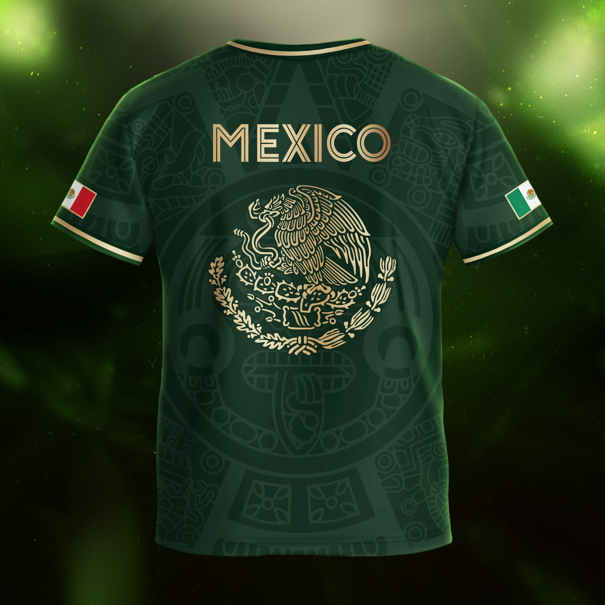 Mexico Kids Soccer Jersey Green Gold Aztec Calendar Design