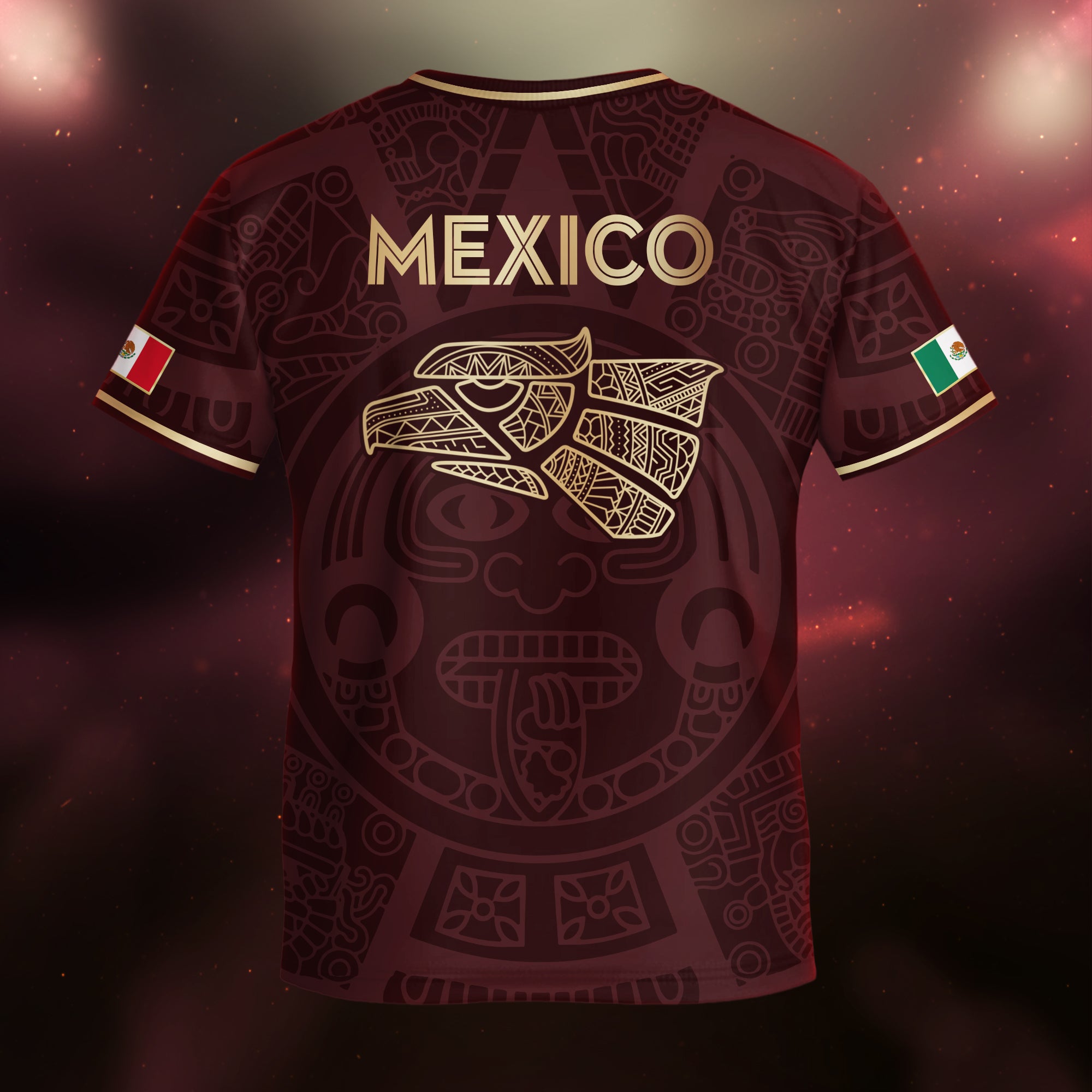 Mexico Kids Soccer Jersey Burgundy Gold Aztec Calendar Eagle Design