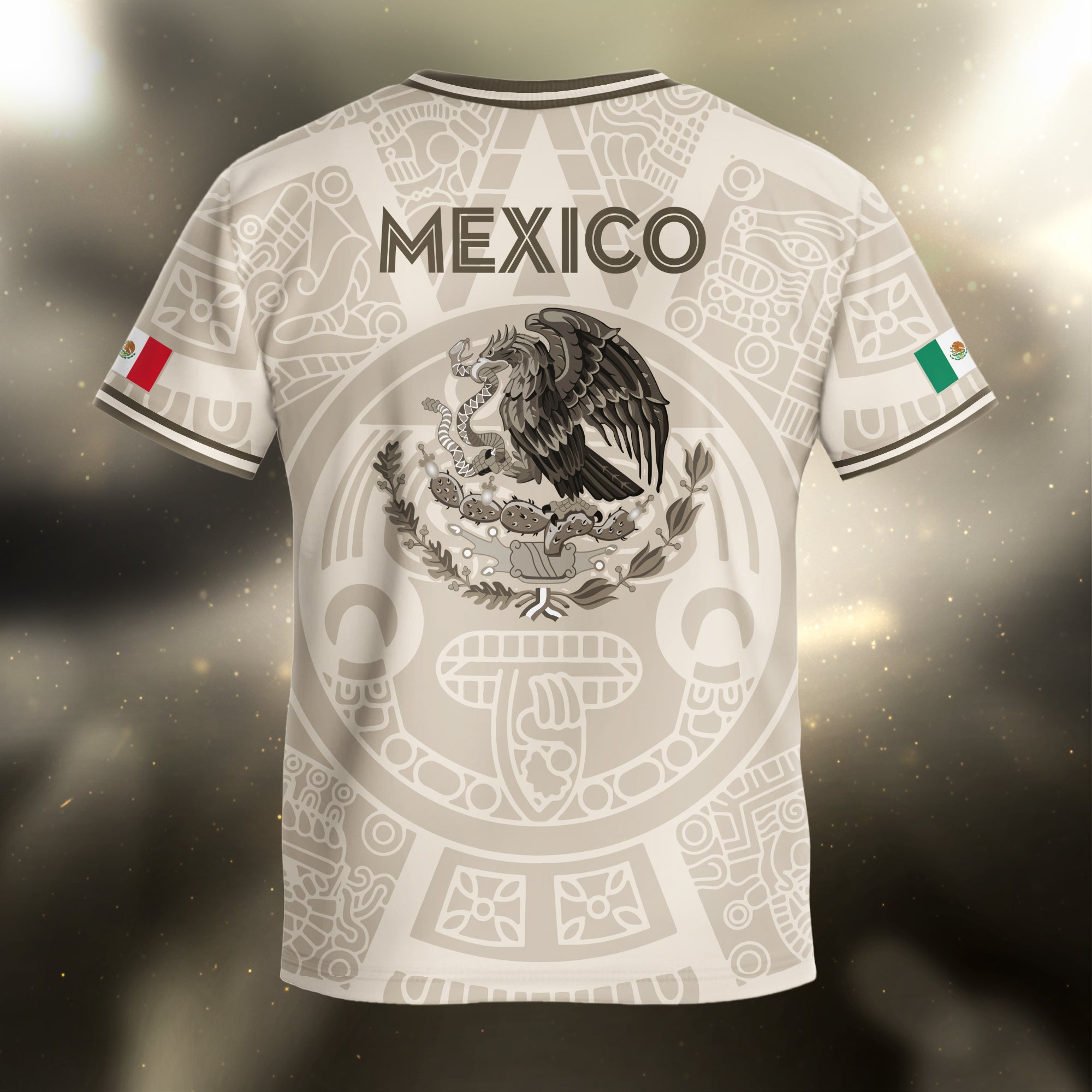 Mexico Kids Soccer Jersey Beige Gold Aztec Calendar Eagle Design