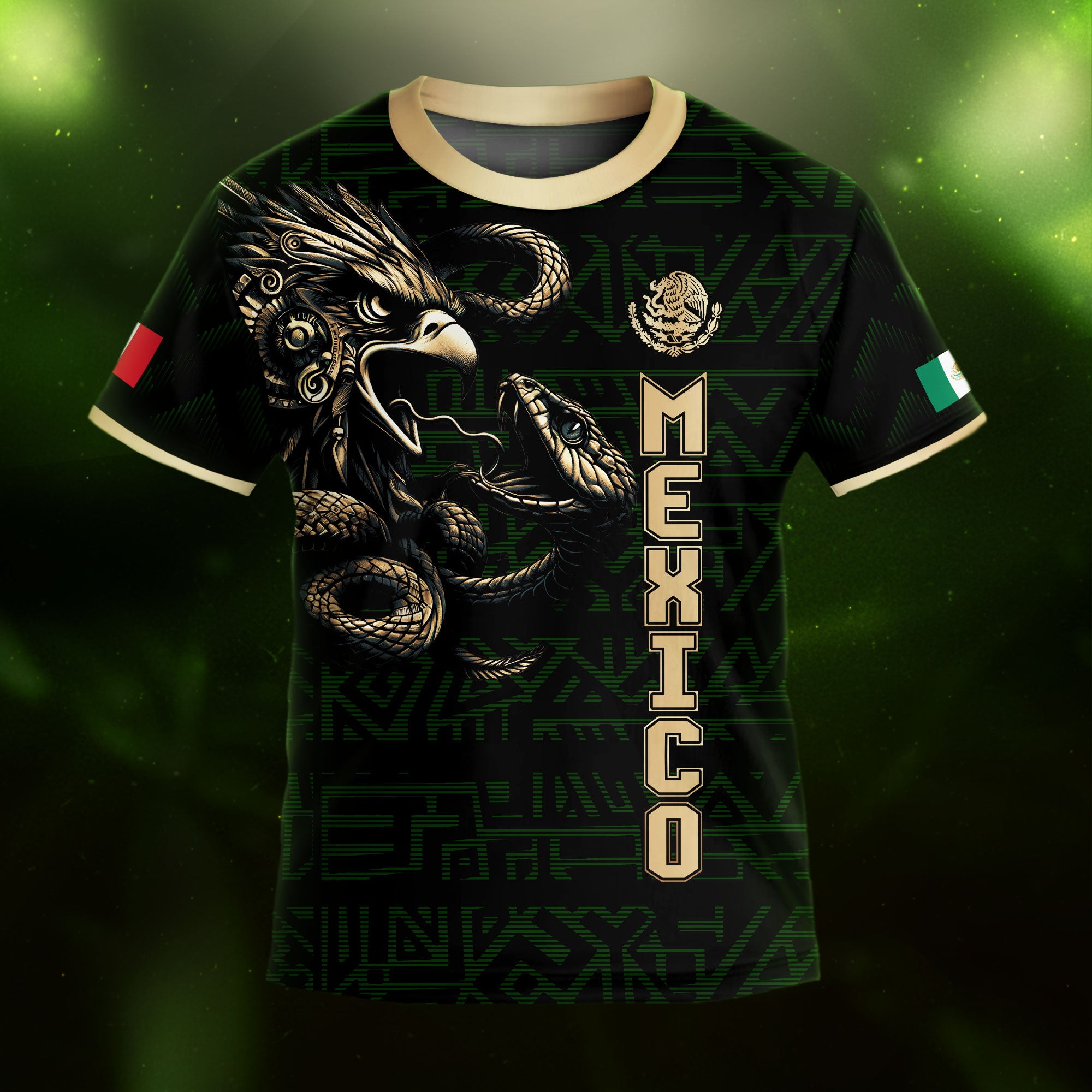 Mexico Kids Soccer Jersey Green Gold Aztec Eagle Serpent Design