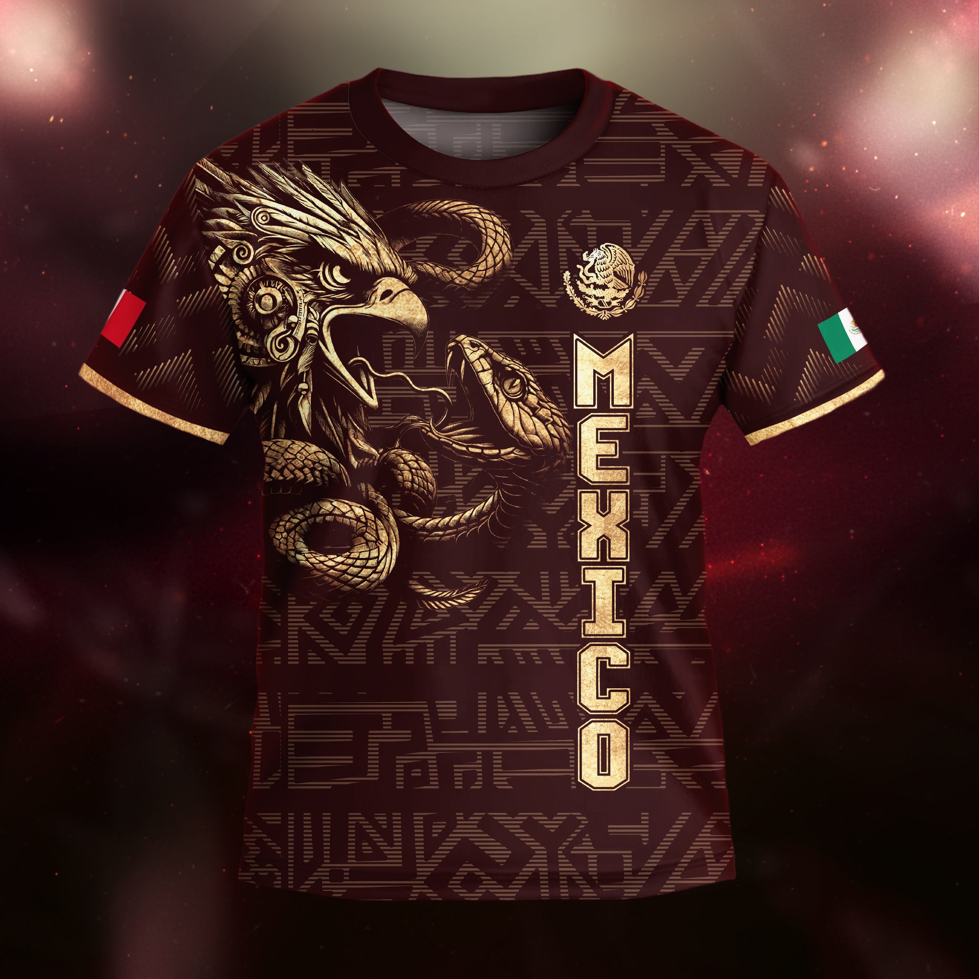 Mexico Kids Soccer Jersey Burgundy Gold Aztec Eagle Serpent Design