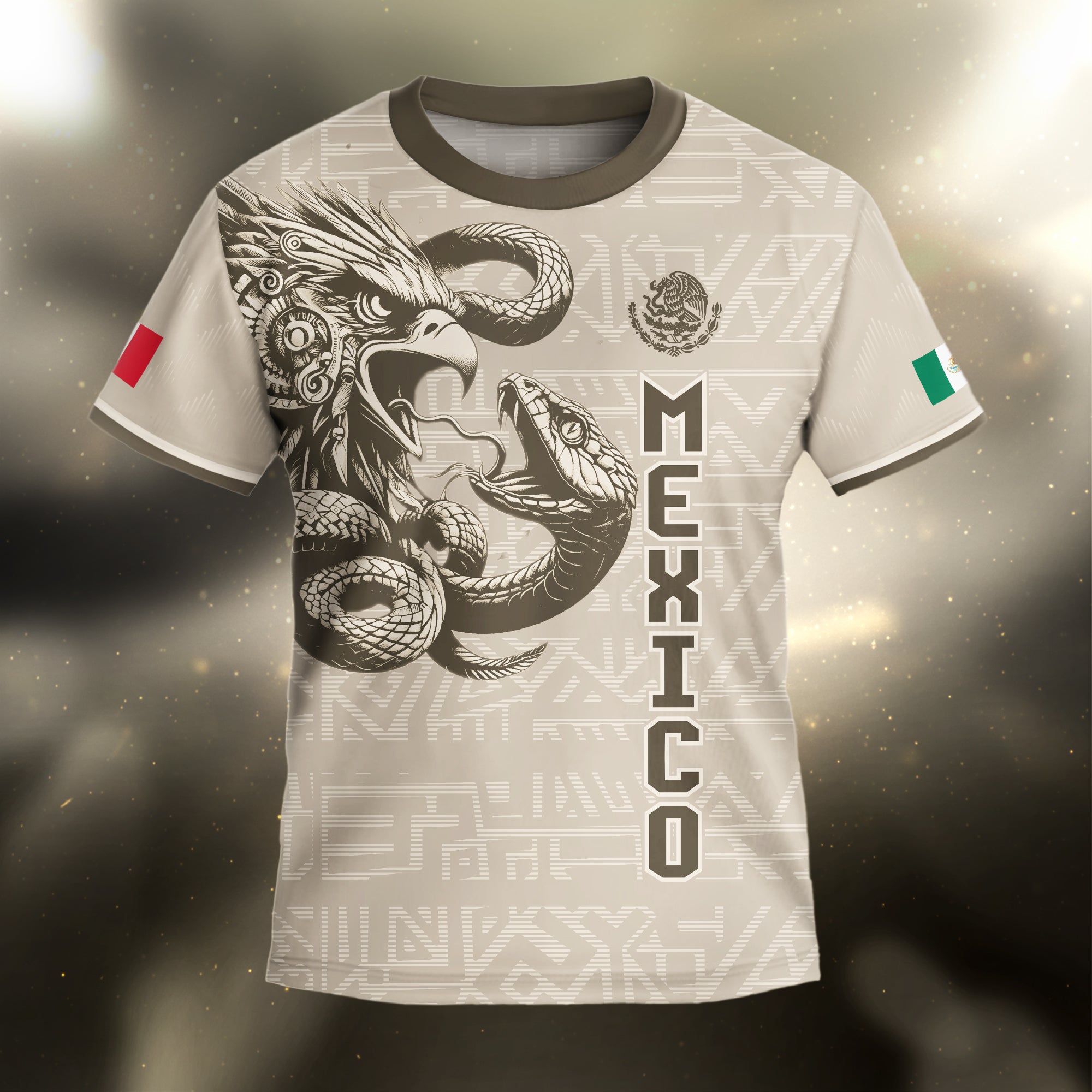 Mexico Kids Soccer Jersey Beige Brown Aztec Eagle Serpent Design