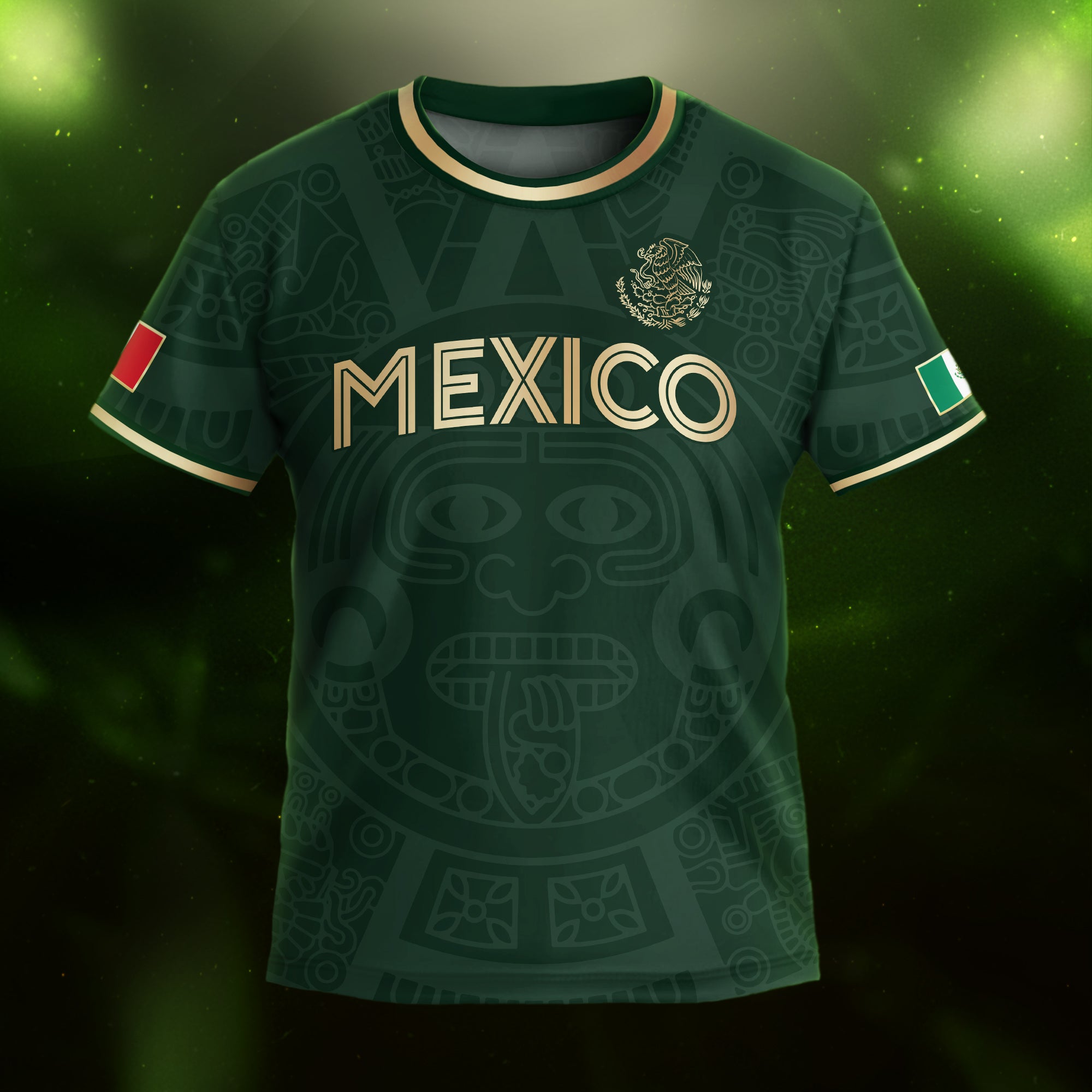 Mexico Kids Soccer Jersey Green Gold Aztec Calendar Design