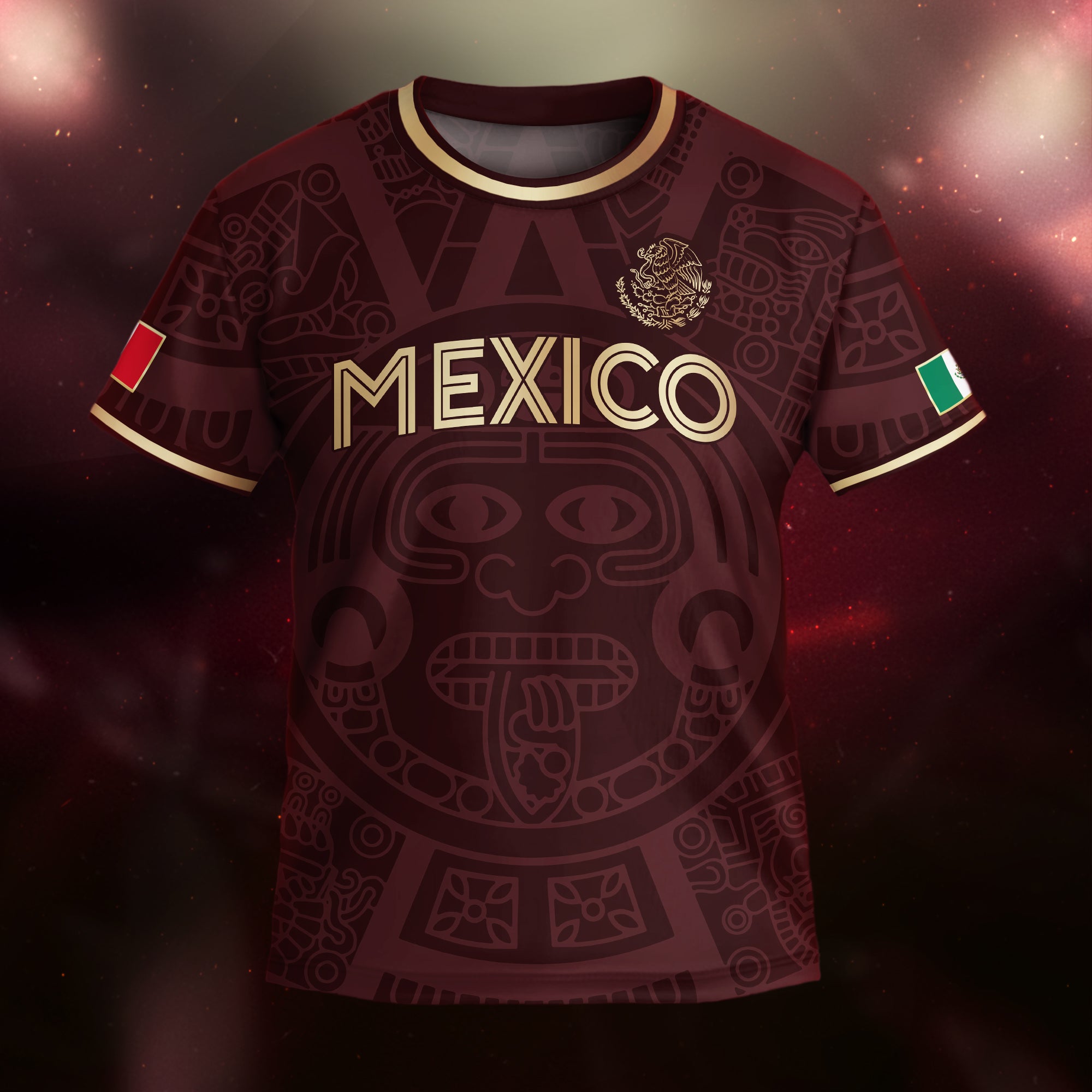 Mexico Kids Soccer Jersey Burgundy Gold Aztec Calendar Eagle Design