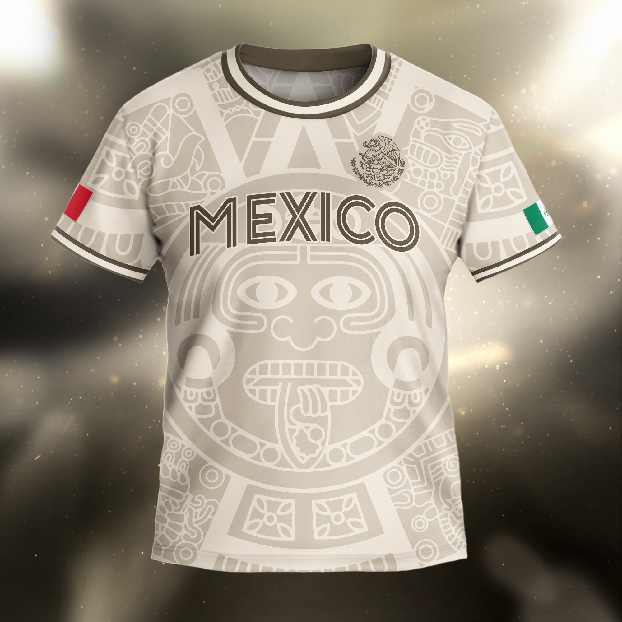 Mexico Kids Soccer Jersey Beige Gold Aztec Calendar Eagle Design