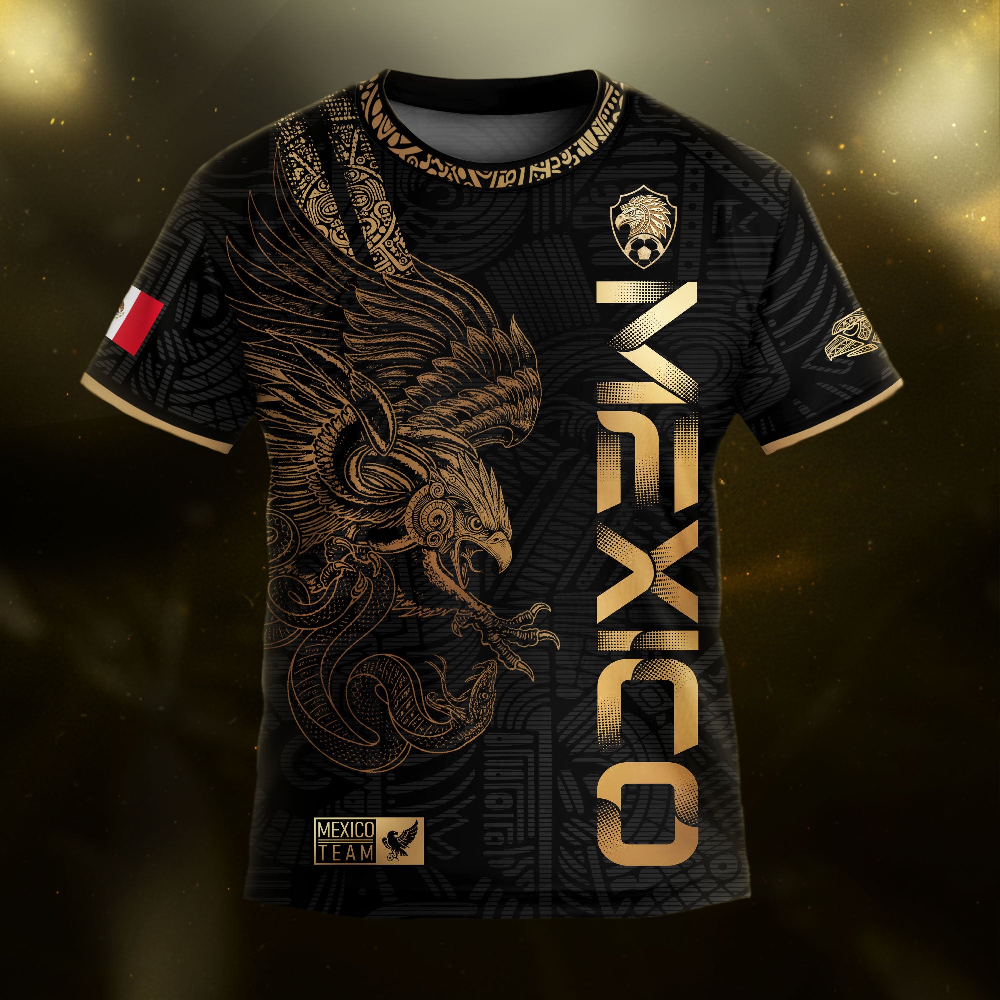 Mexico Black Gold Eagle Vertical Print Youth Fan Soccer Jersey