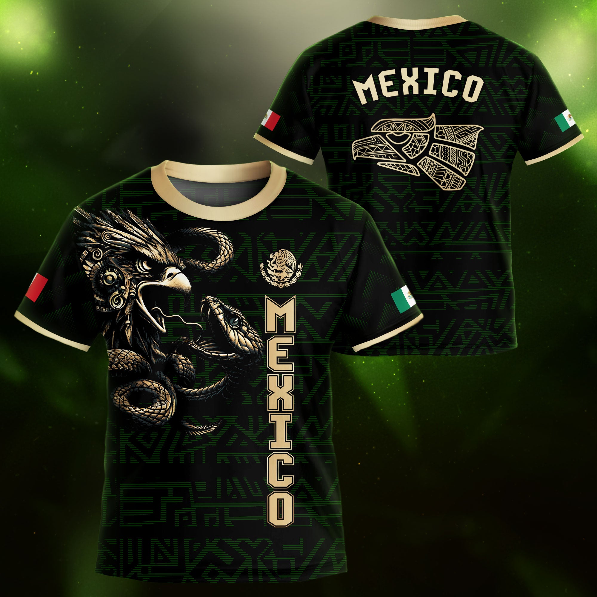 Mexico Kids Soccer Jersey Green Gold Aztec Eagle Serpent Design