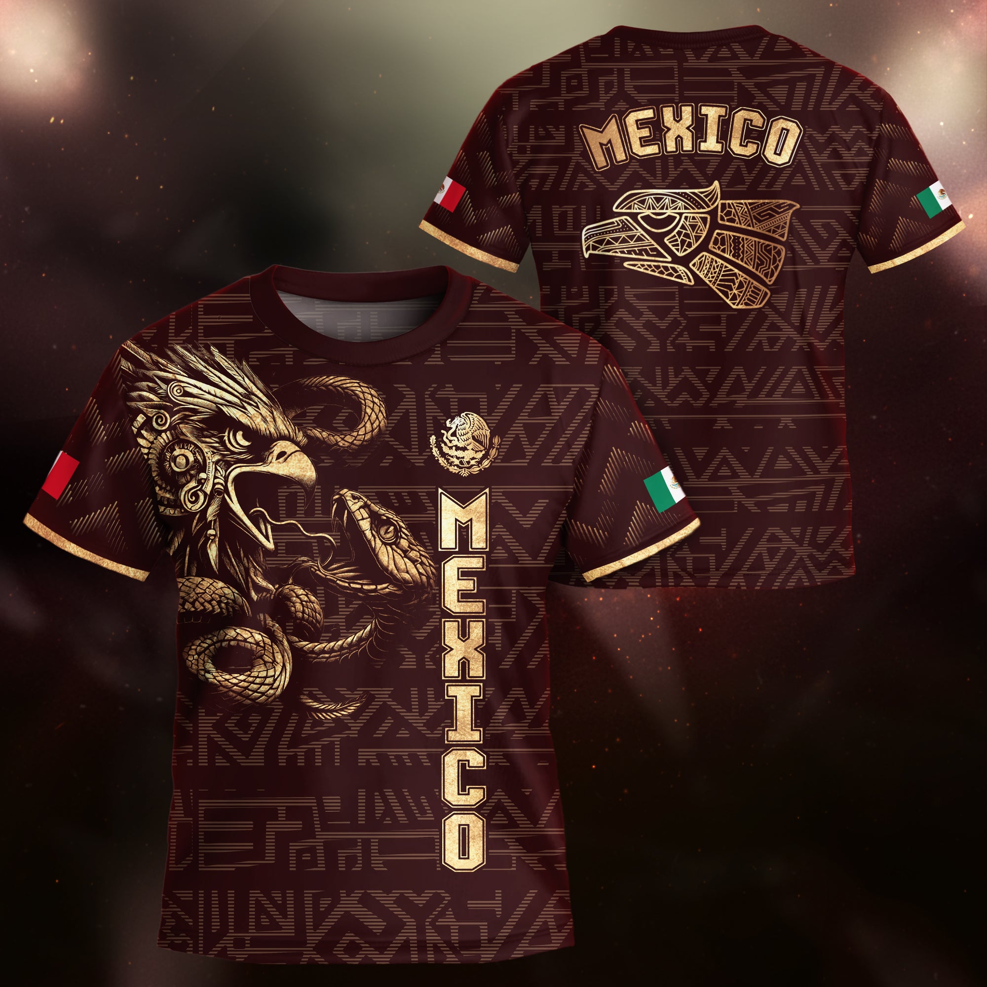 Mexico Kids Soccer Jersey Burgundy Gold Aztec Eagle Serpent Design