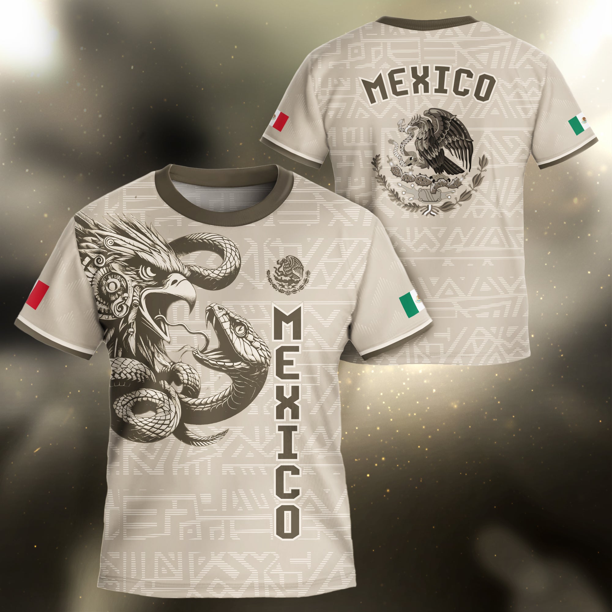 Mexico Kids Soccer Jersey Beige Brown Aztec Eagle Serpent Design