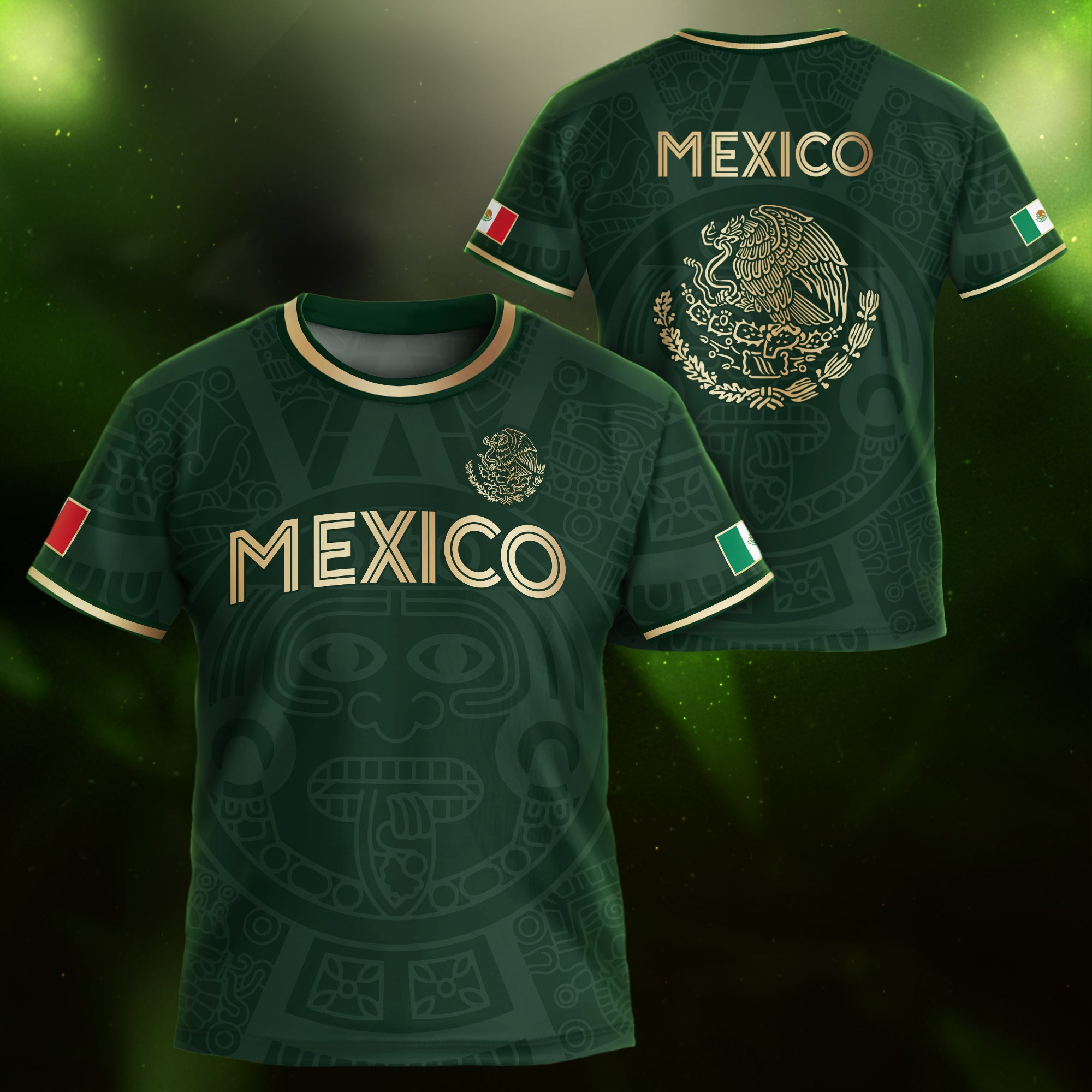 Mexico Kids Soccer Jersey Green Gold Aztec Calendar Design
