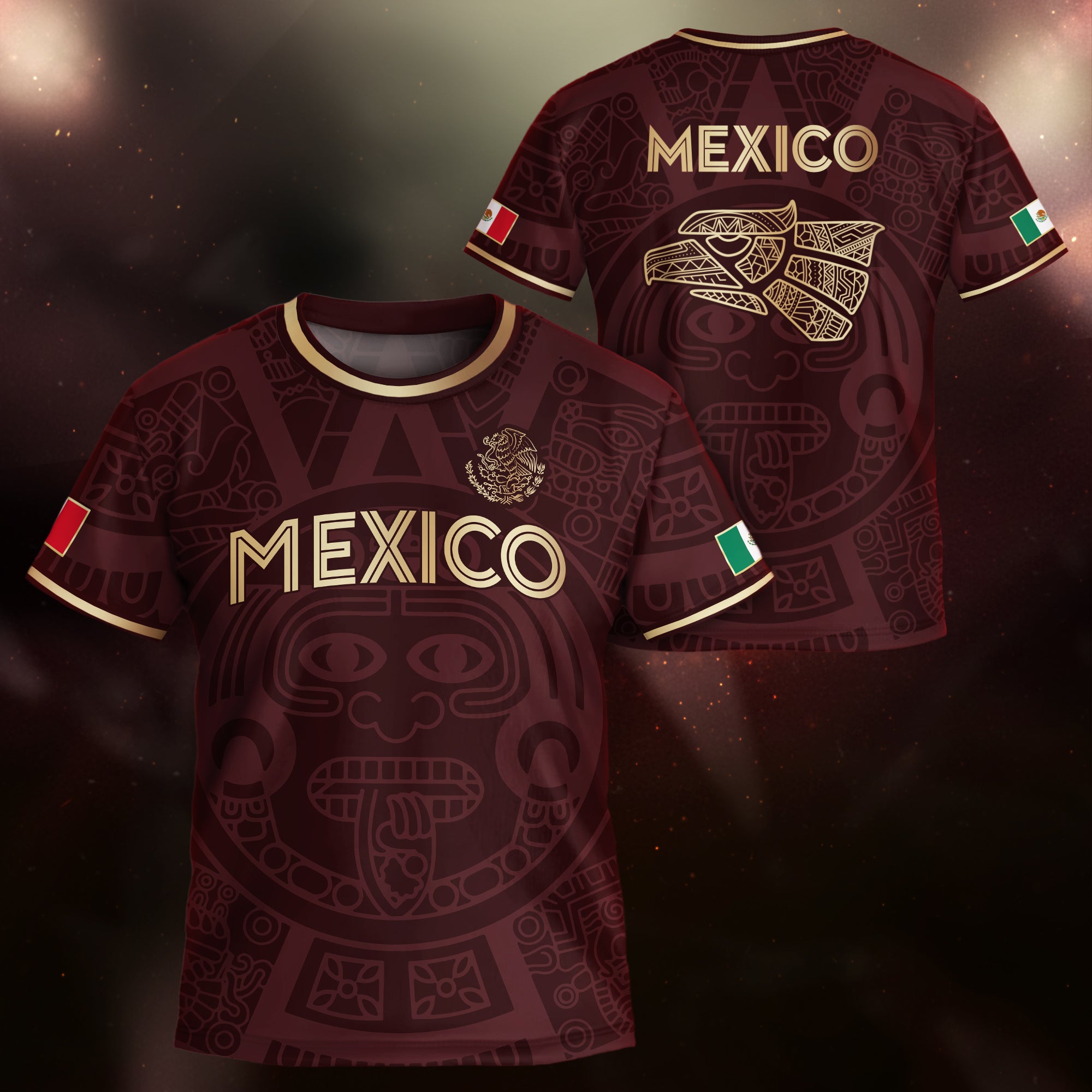 Mexico Kids Soccer Jersey Burgundy Gold Aztec Calendar Eagle Design