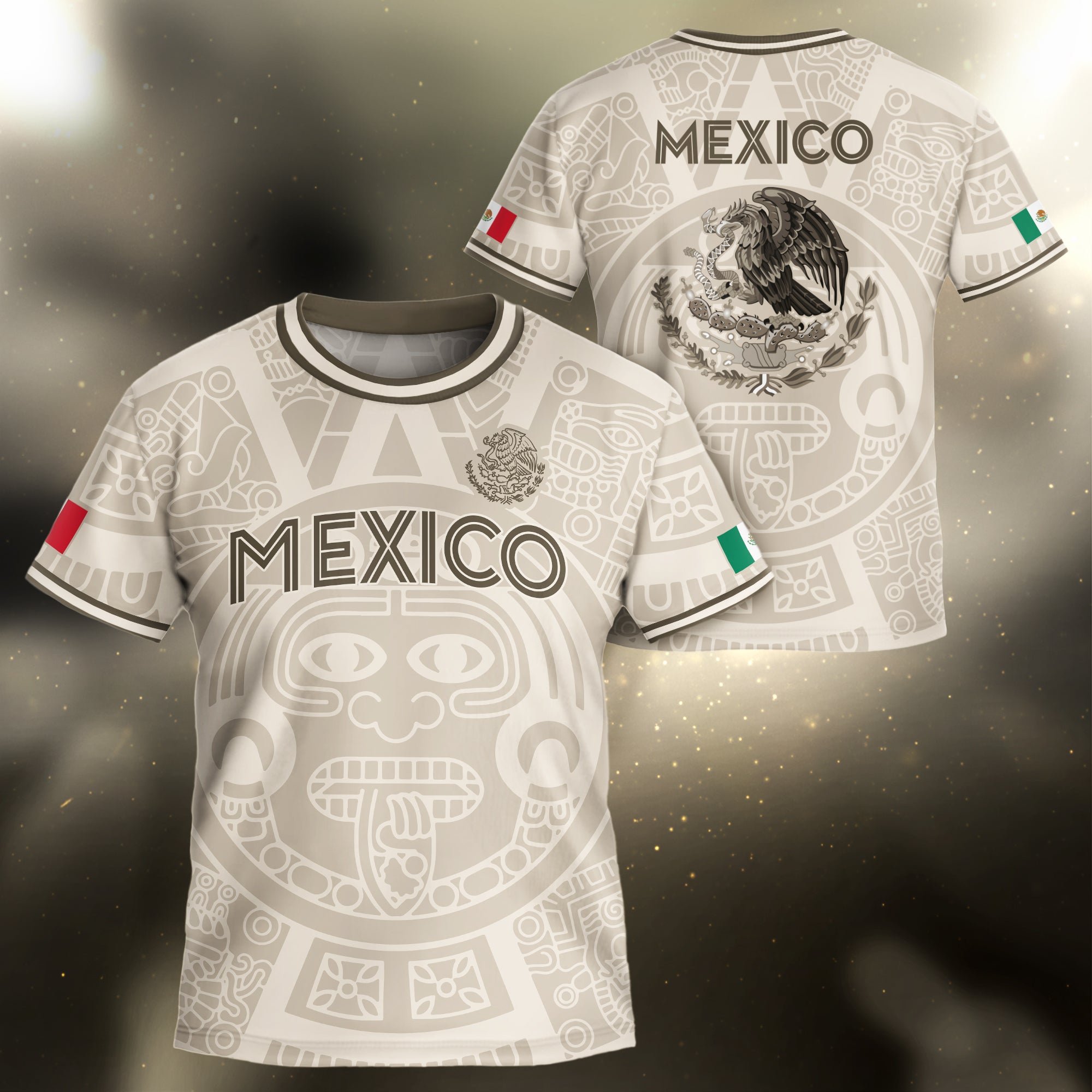 Mexico Kids Soccer Jersey Beige Gold Aztec Calendar Eagle Design