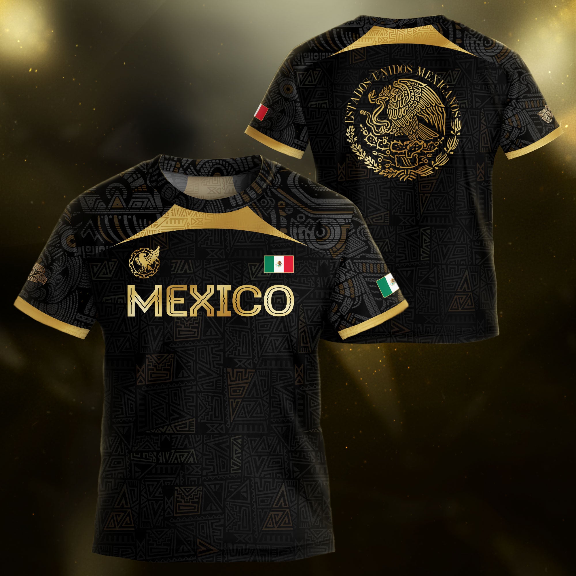 Mexico Team Apparel Black Gold Emblem Tribal Print Kids Soccer Jersey