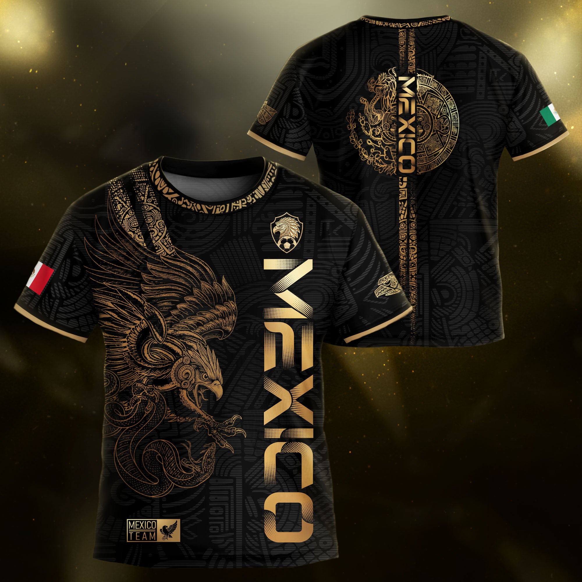 Mexico Black Gold Eagle Vertical Print Youth Fan Soccer Jersey