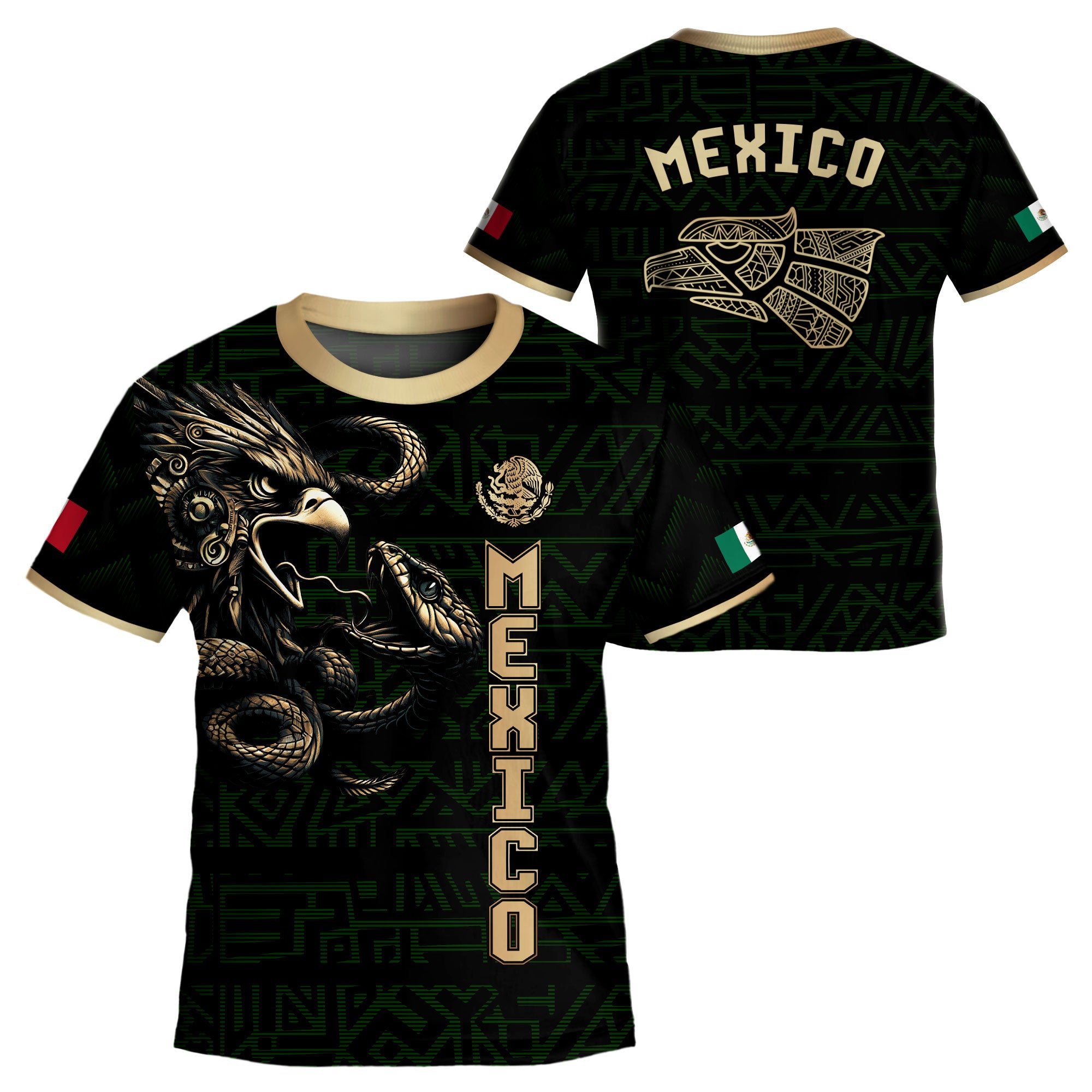 Mexico Kids Soccer Jersey Green Gold Aztec Eagle Serpent Design