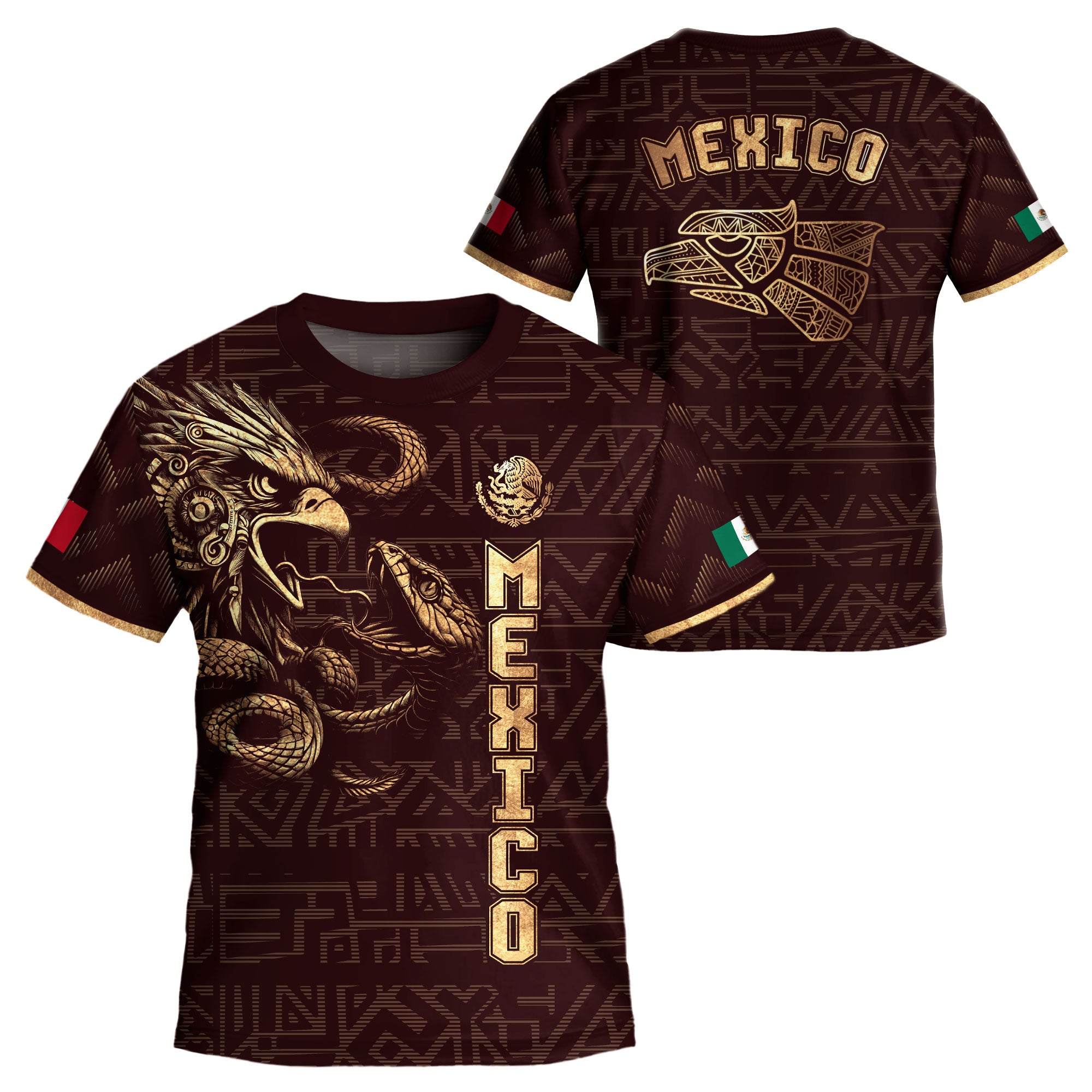 Mexico Kids Soccer Jersey Burgundy Gold Aztec Eagle Serpent Design