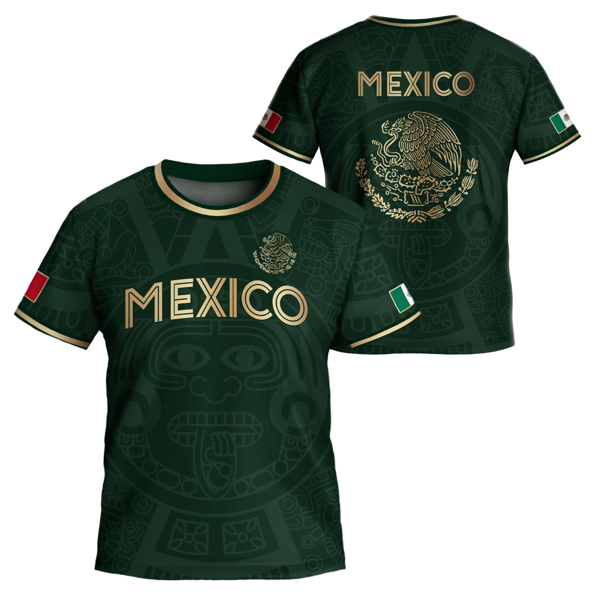 Mexico Kids Soccer Jersey Green Gold Aztec Calendar Design