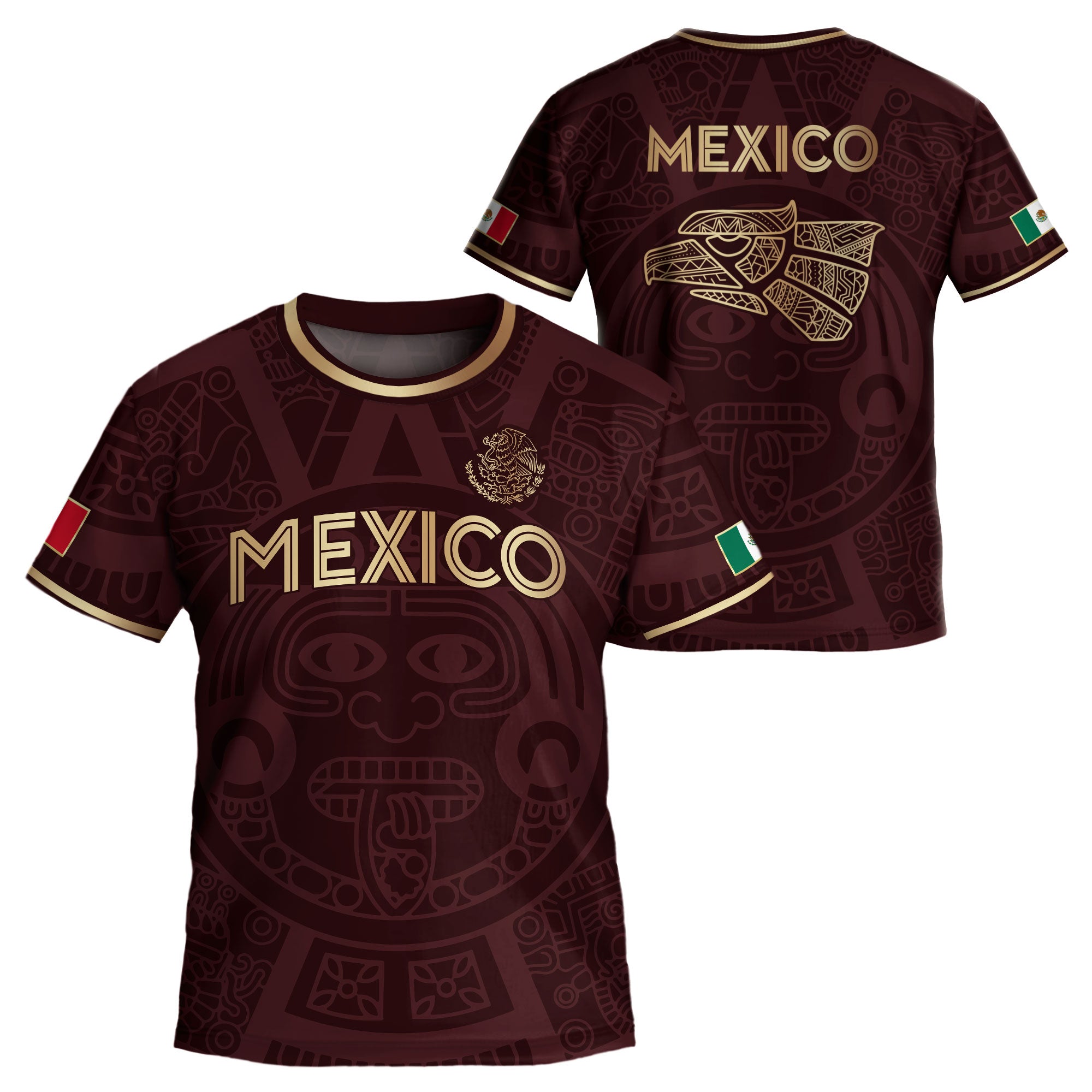 Mexico Kids Soccer Jersey Burgundy Gold Aztec Calendar Eagle Design