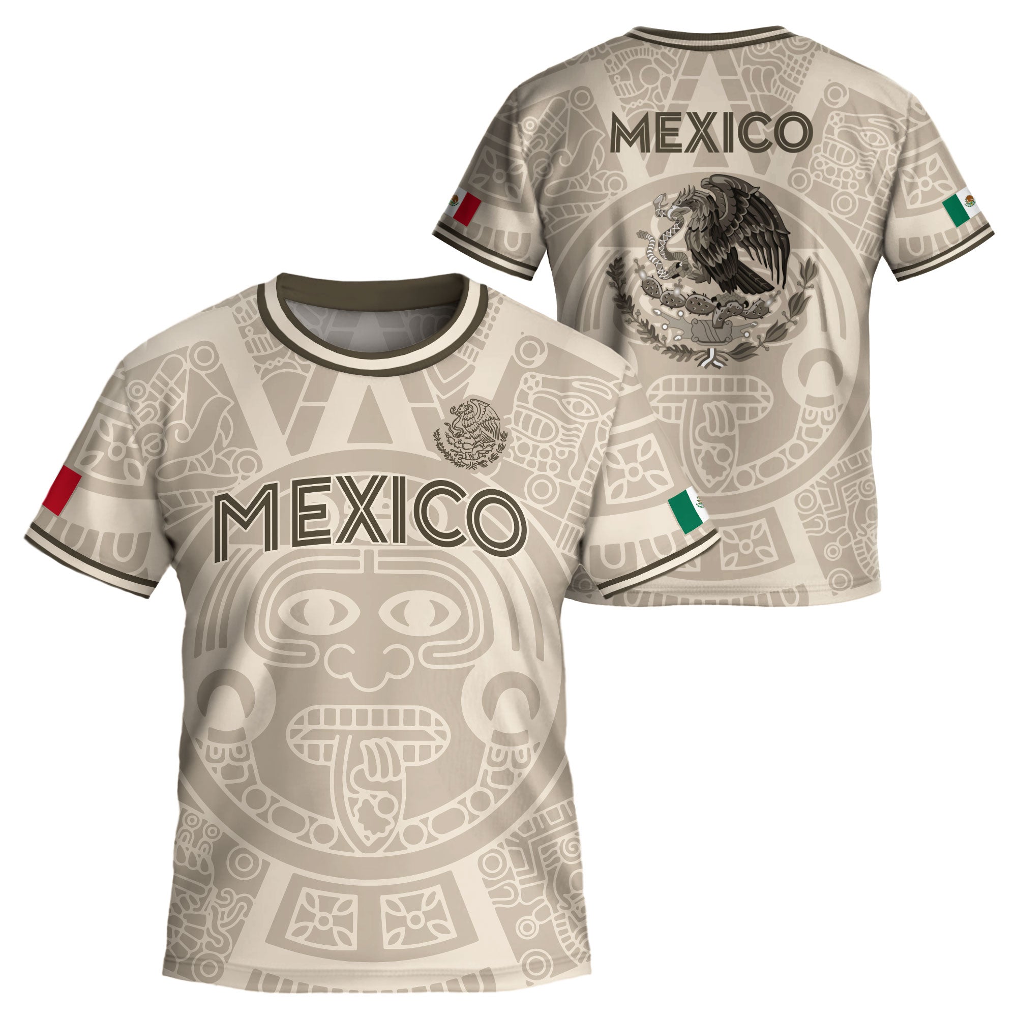 Mexico Kids Soccer Jersey Beige Gold Aztec Calendar Eagle Design