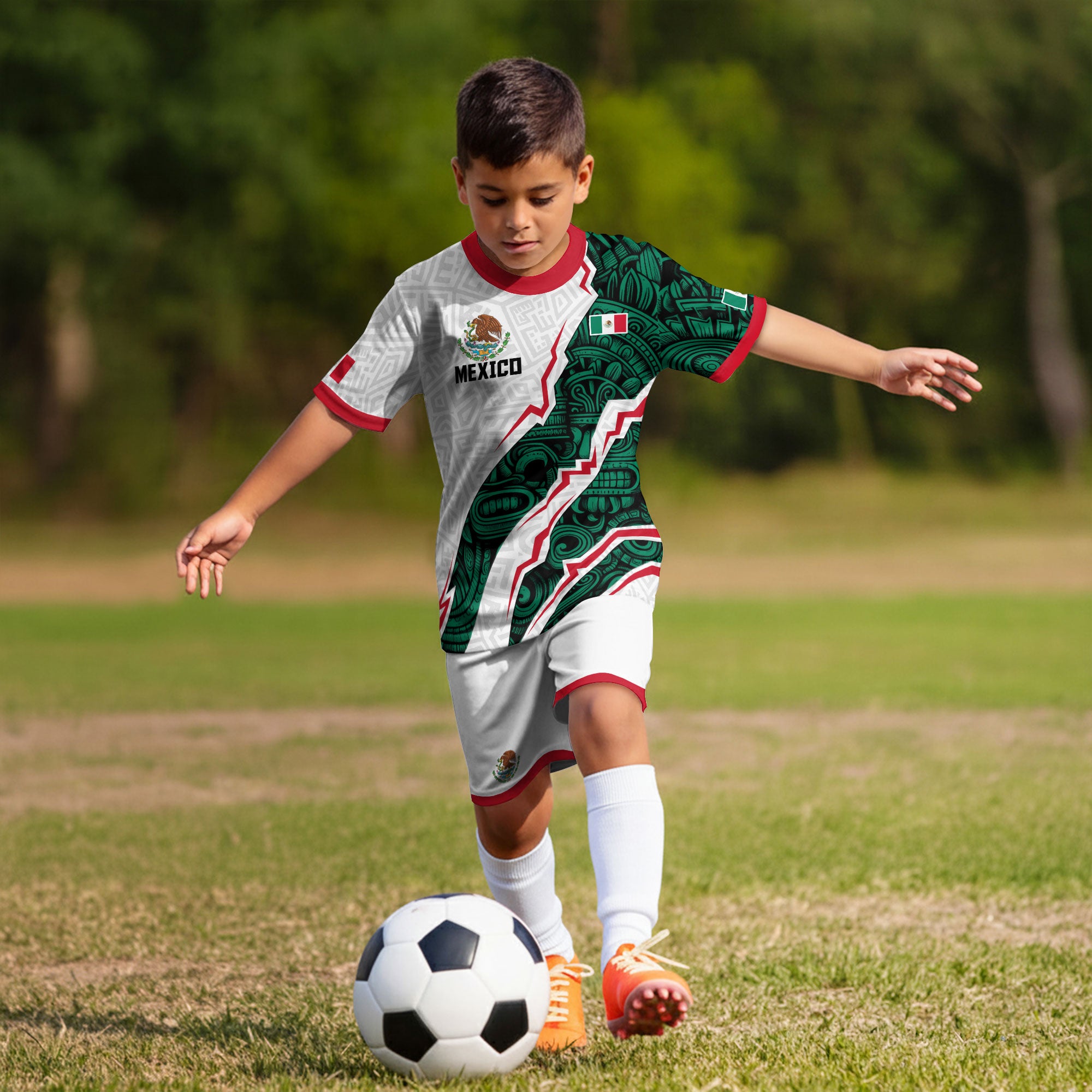 Mexico Kids Soccer Jersey White Green Aztec Pattern Flag Design