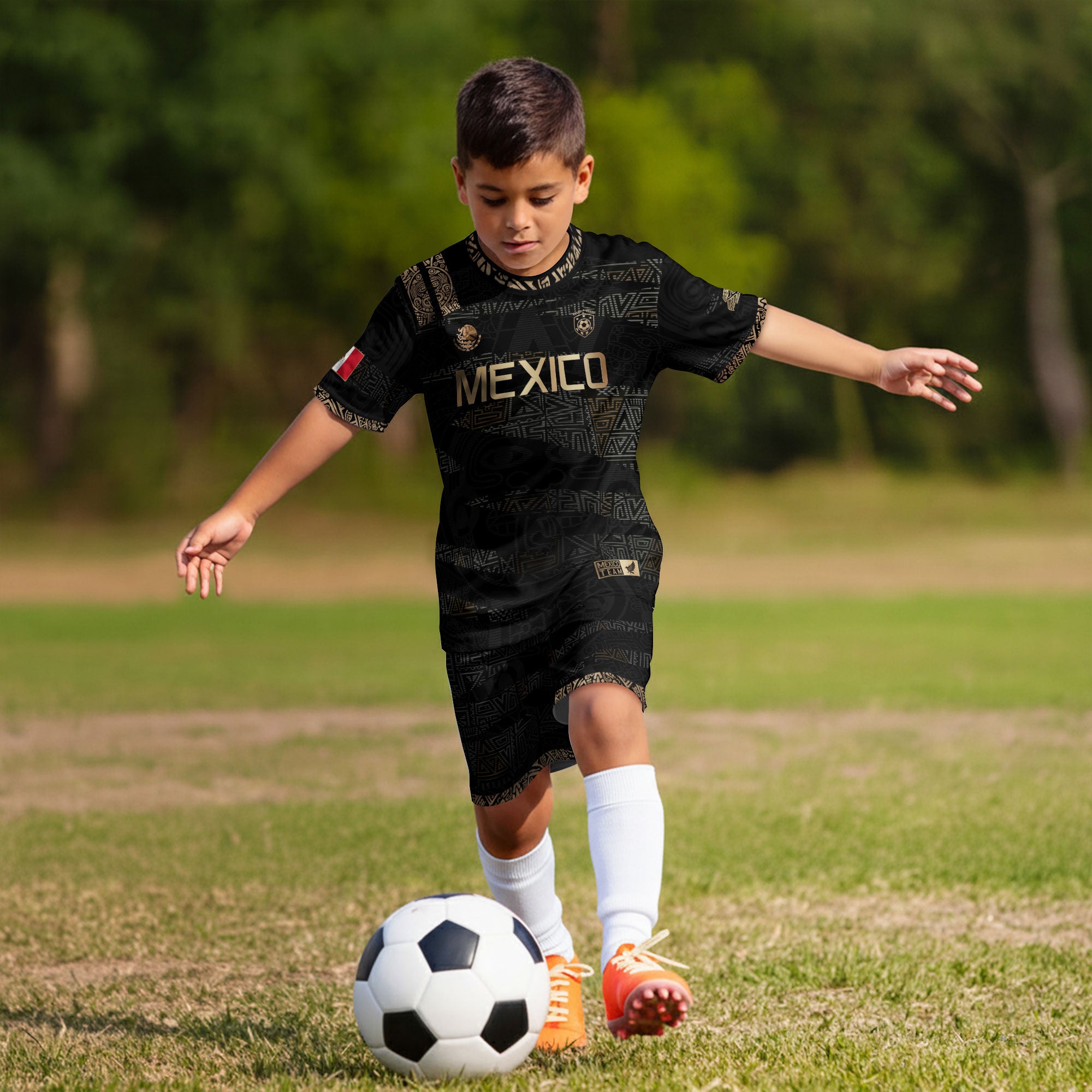 Mexico Kids Soccer Jersey Black Gold Aztec Pattern Crest Design
