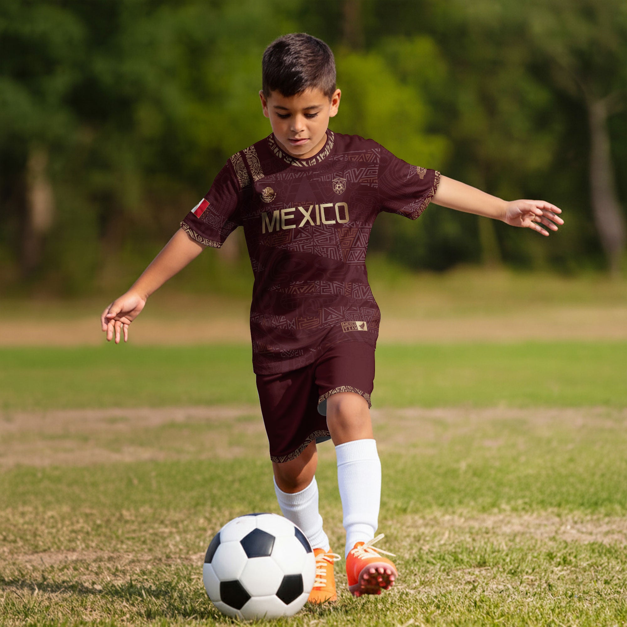 Mexico Kids Soccer Jersey Burgundy Gold Aztec Pattern Crest Design