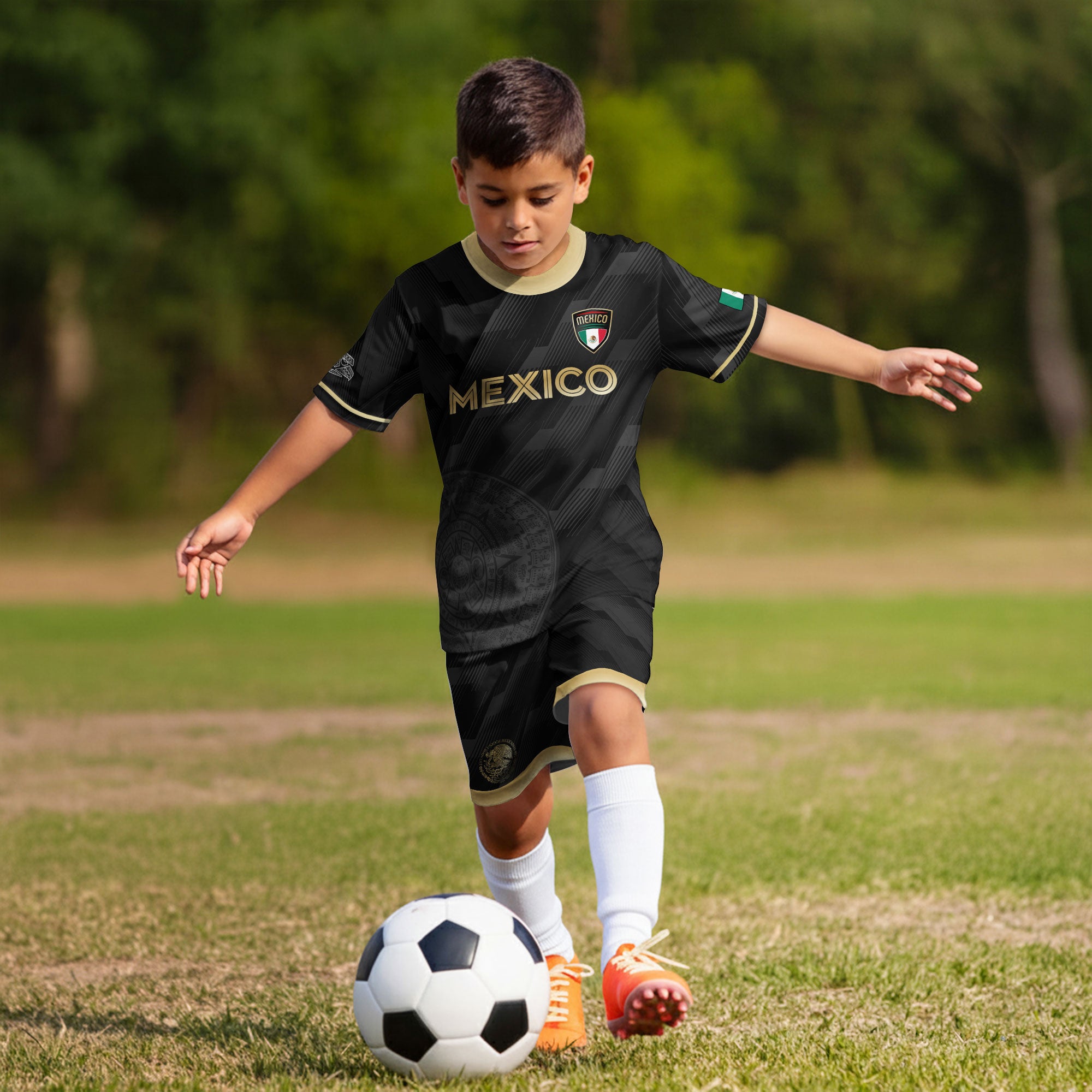Mexico Kids Soccer Jersey Black Gold Aztec Calendar Crest Design