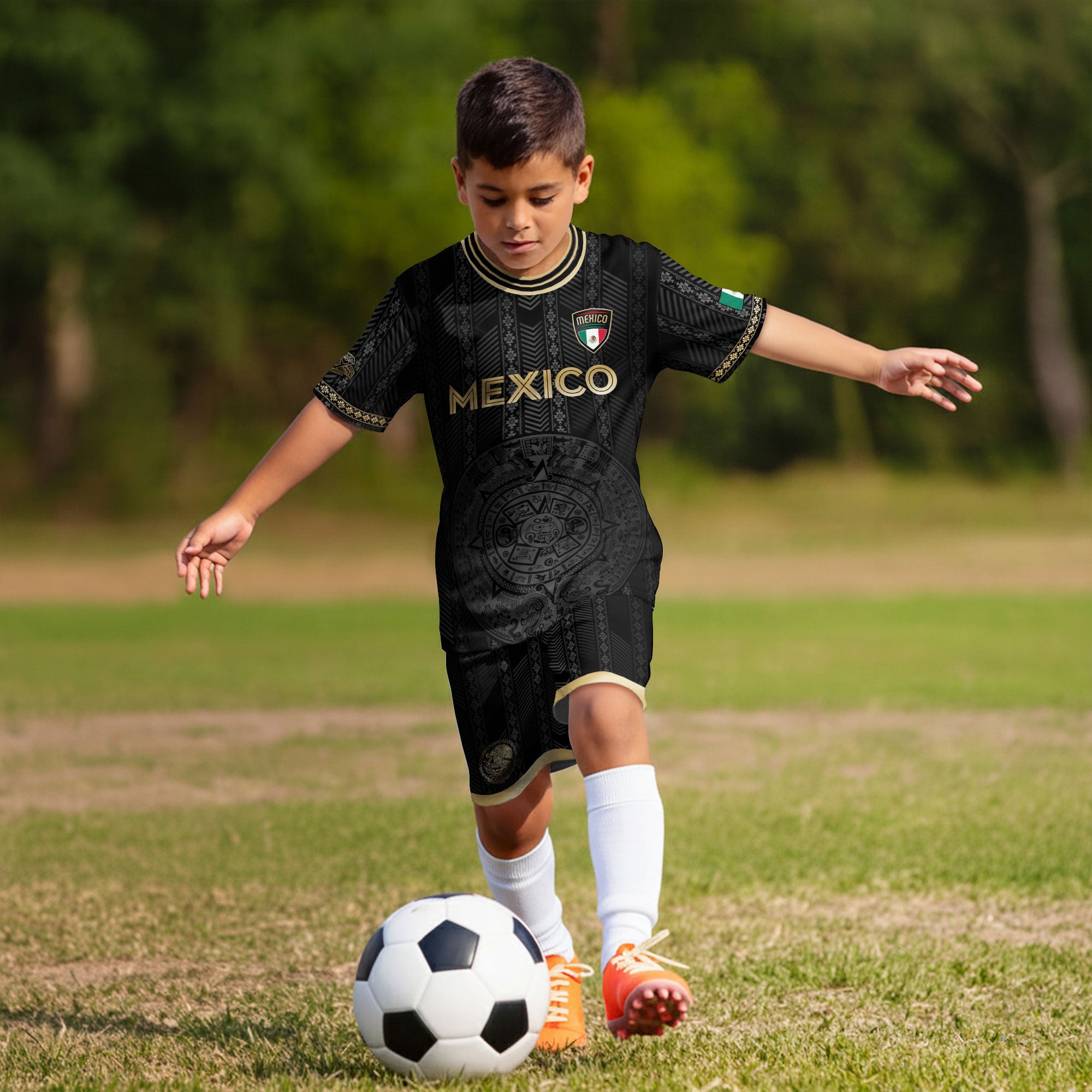 Mexico Kids Soccer Jersey Black Gold Aztec Calendar Design