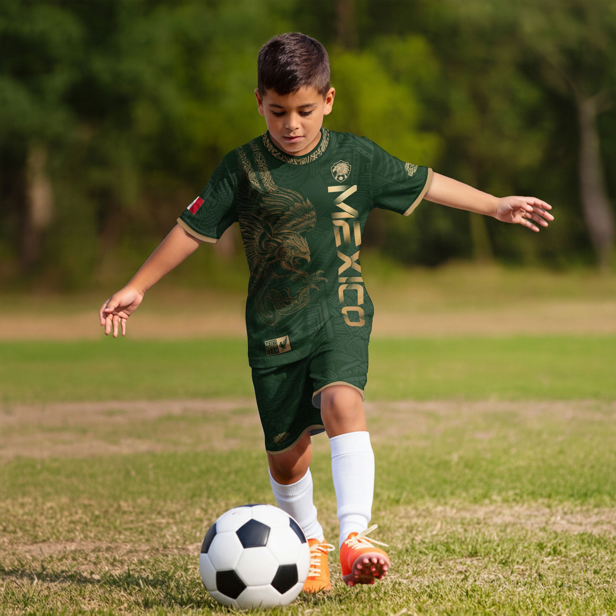 Mexico Green Gold Eagle Graphic Youth Fan Kids Soccer Jersey