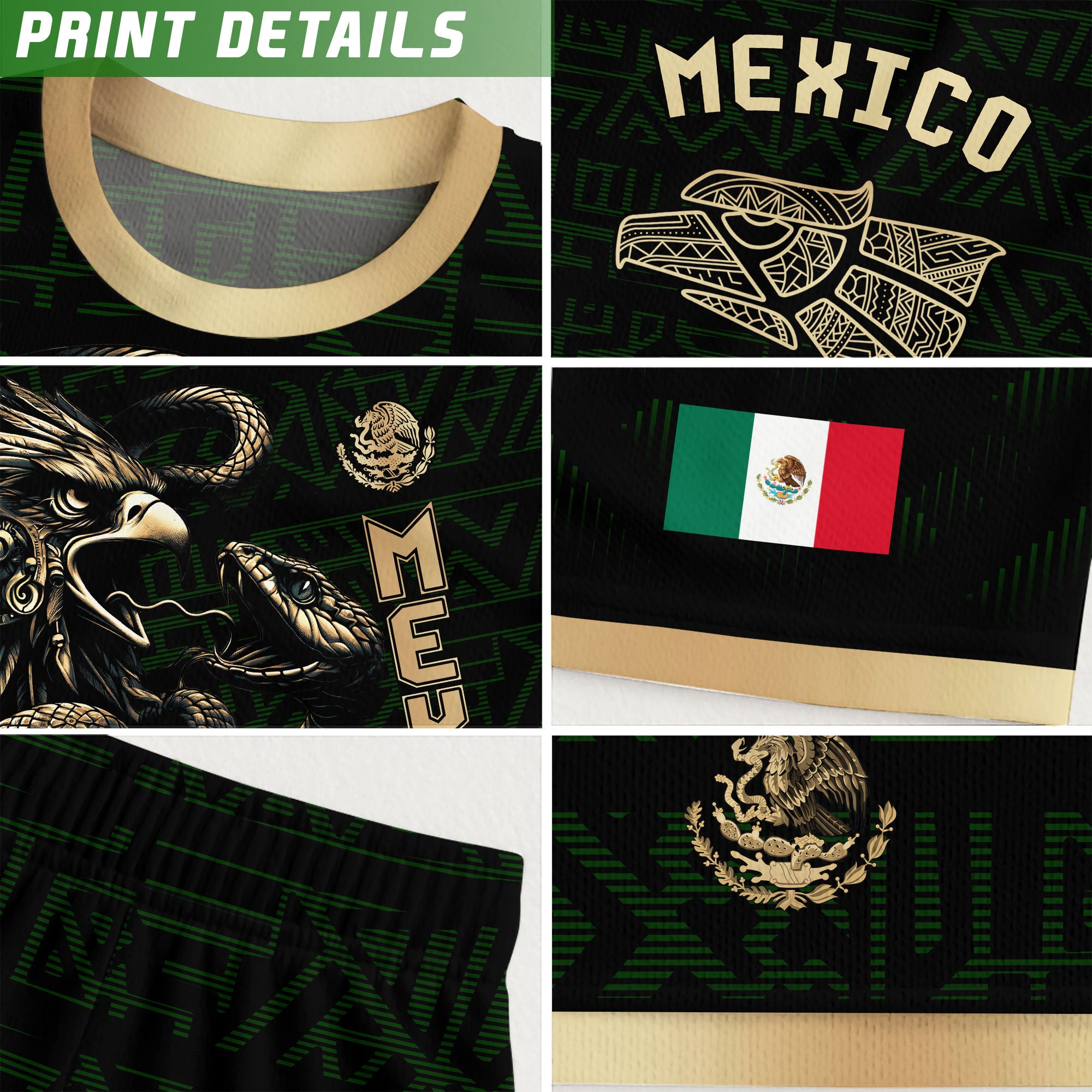 Mexico Kids Soccer Jersey Green Gold Aztec Eagle Serpent Design