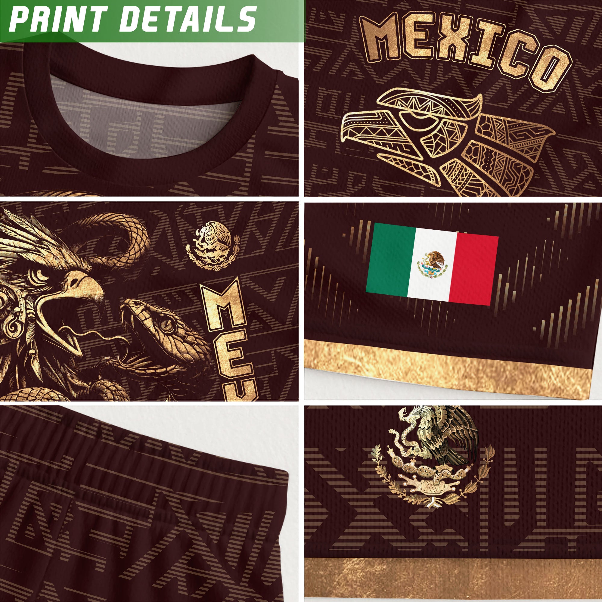 Mexico Kids Soccer Jersey Burgundy Gold Aztec Eagle Serpent Design