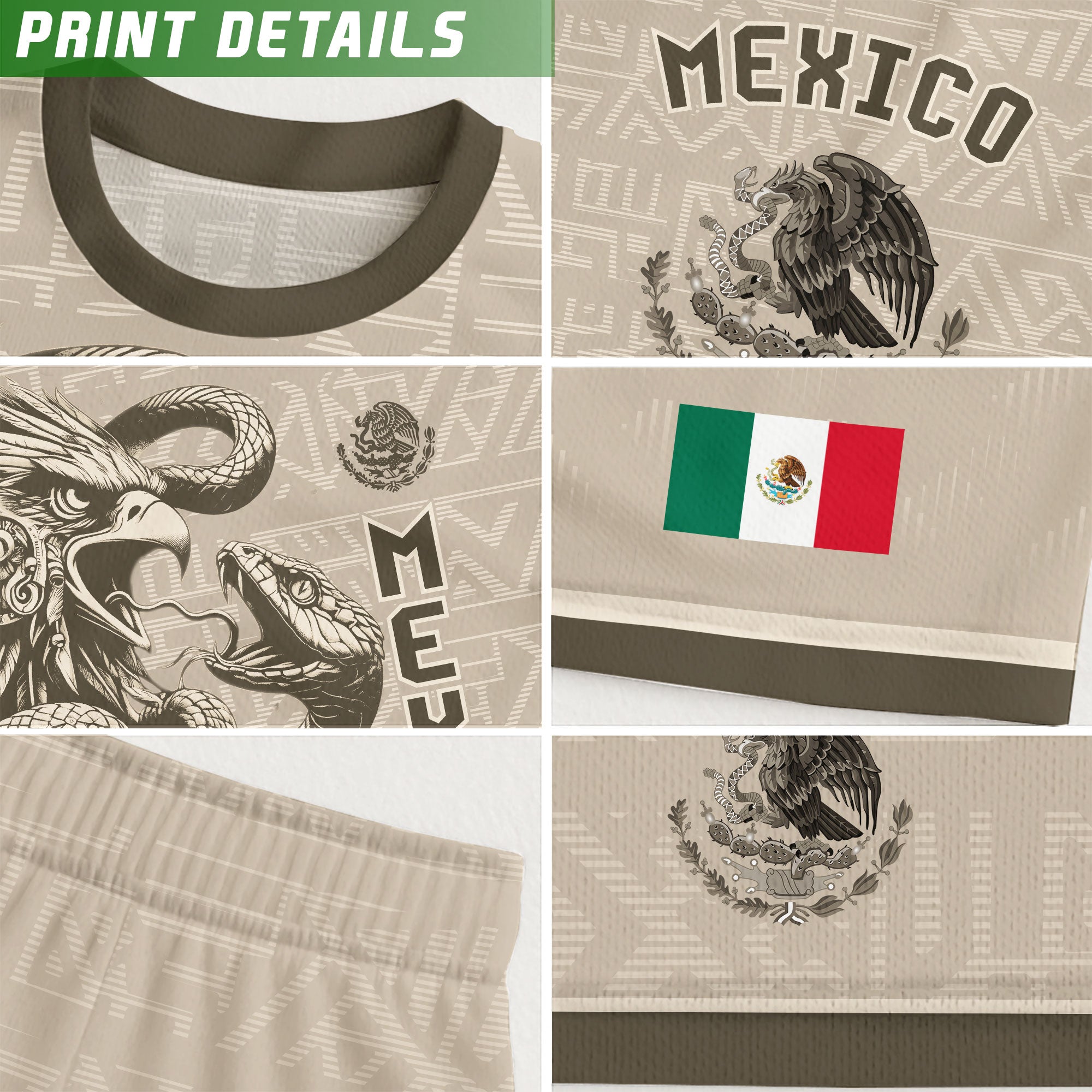 Mexico Kids Soccer Jersey Beige Brown Aztec Eagle Serpent Design