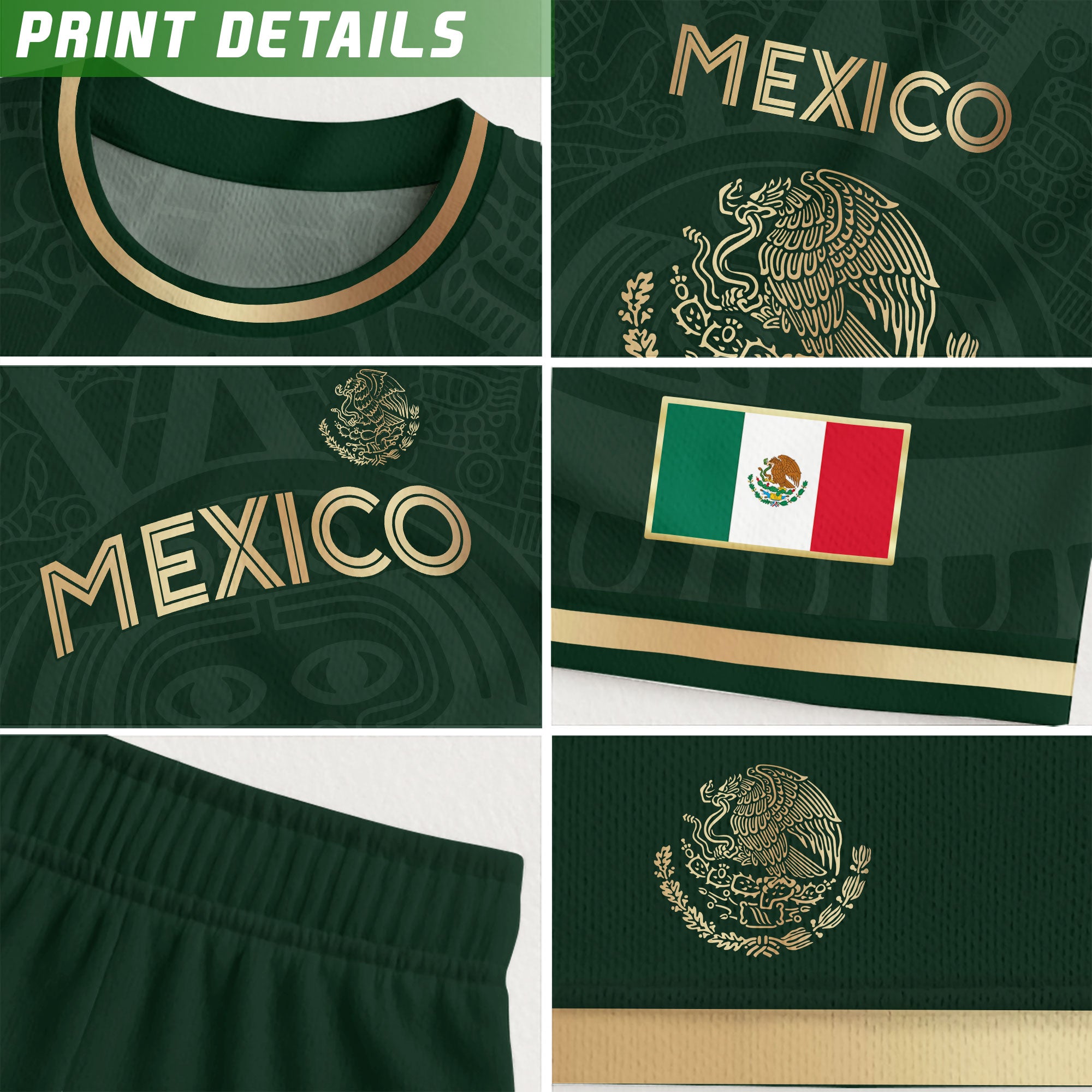 Mexico Kids Soccer Jersey Green Gold Aztec Calendar Design