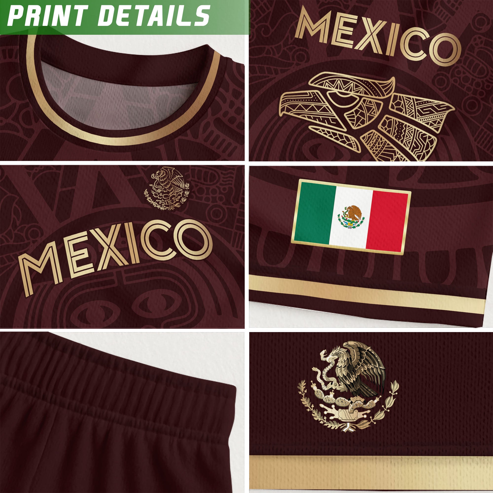 Mexico Kids Soccer Jersey Burgundy Gold Aztec Calendar Eagle Design