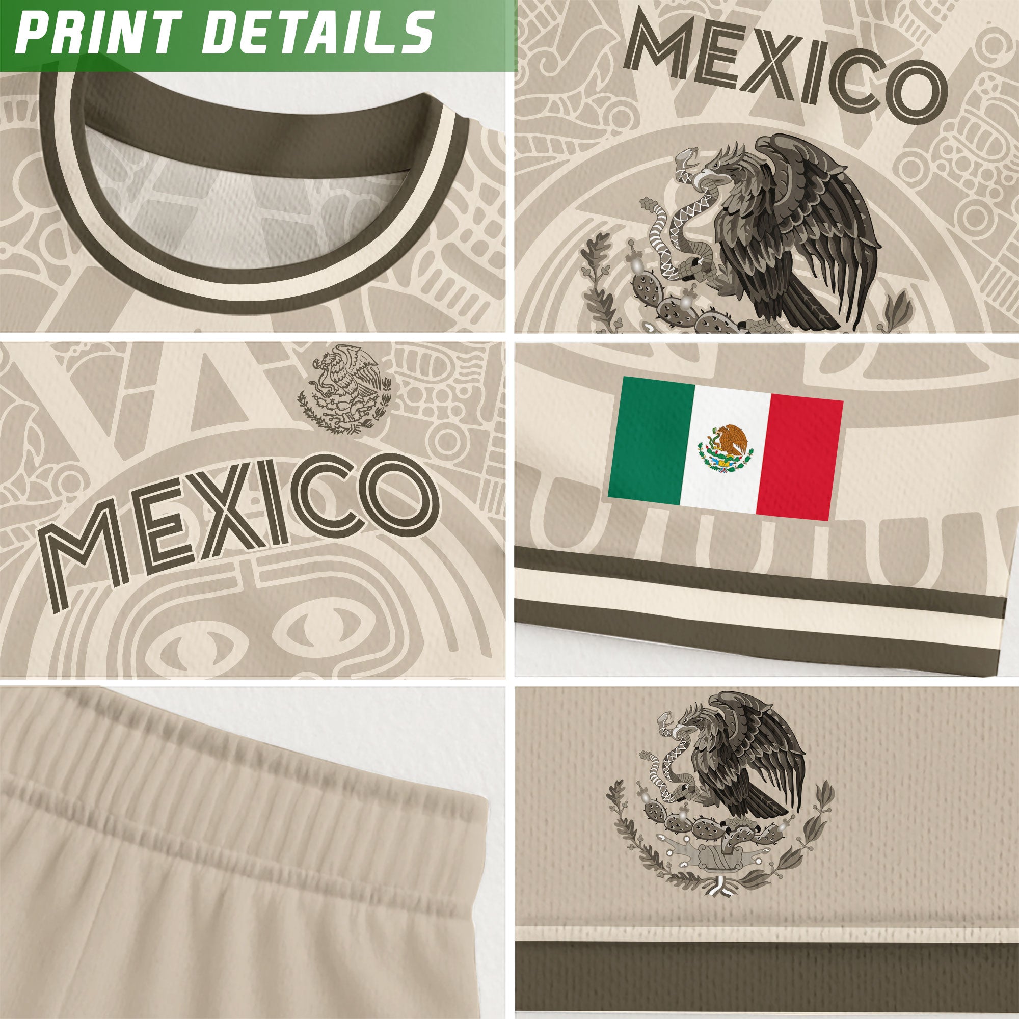 Mexico Kids Soccer Jersey Beige Gold Aztec Calendar Eagle Design