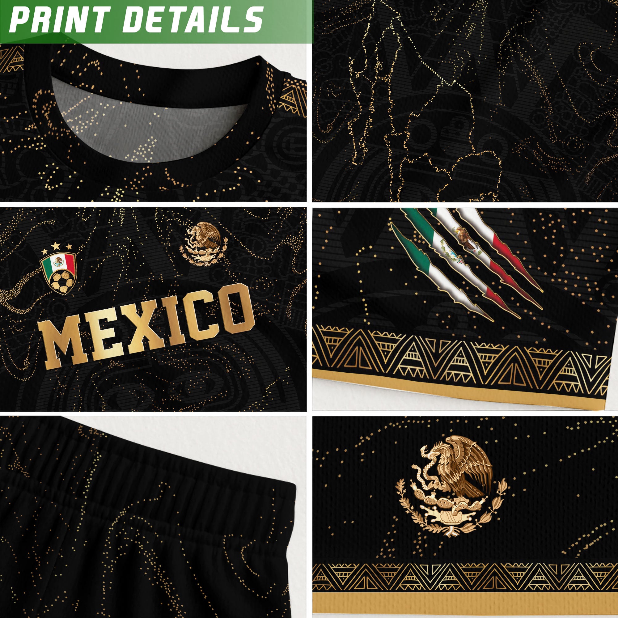 Mexico Map Gold Black Dynamic Replica Training Kids Soccer Jersey