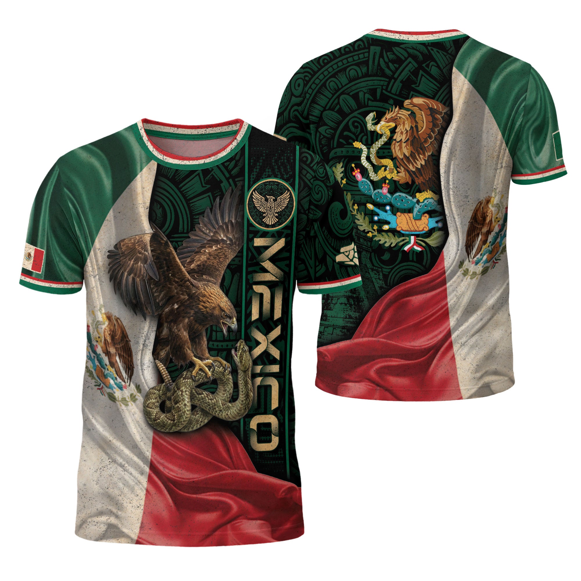 Mexico Aztec Heritage Shirt 3-Pack Bundle – Sun Stone Black Pattern + Pyramid Warrior Spirit + Flag Eagle Serpent National Pride