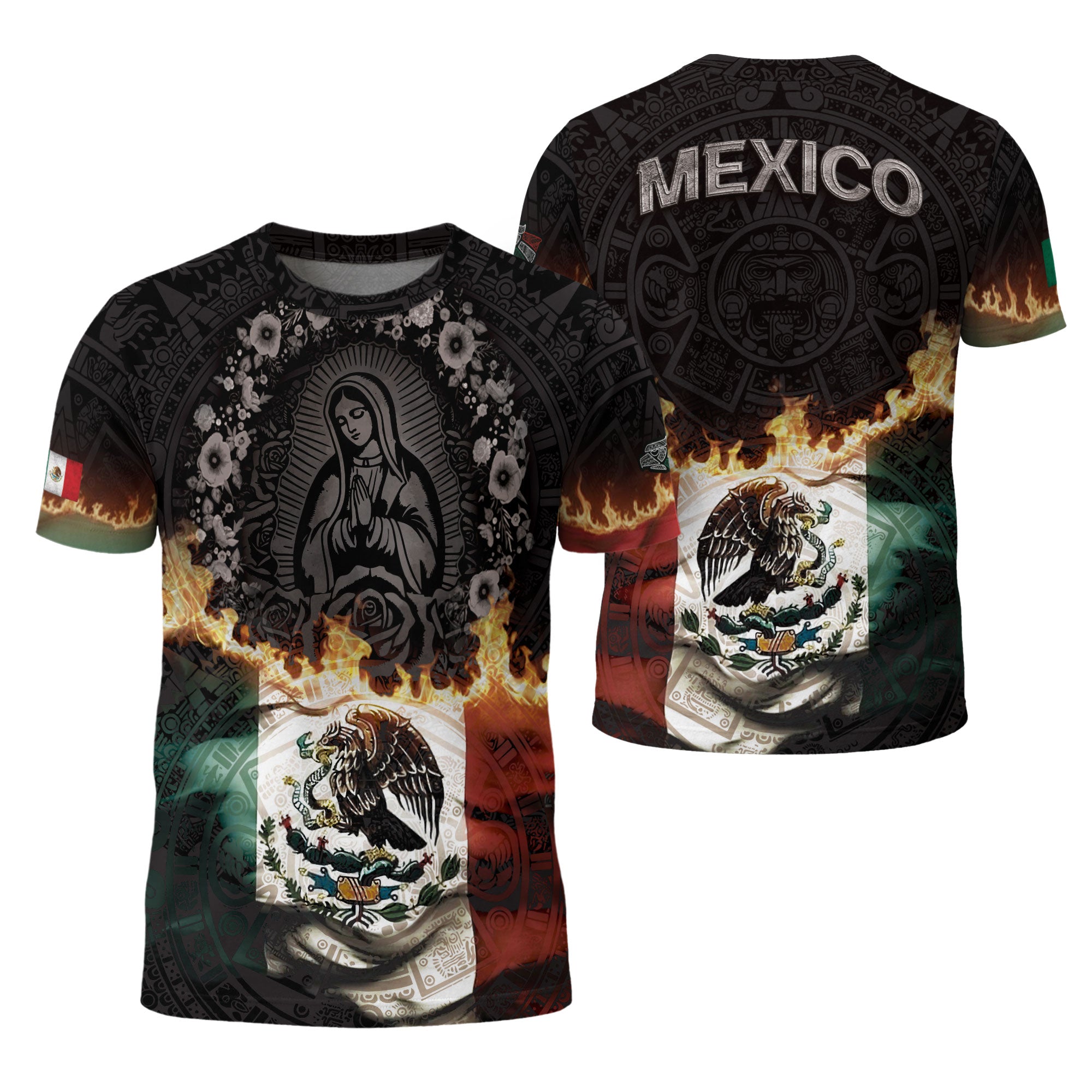 Virgin of Guadalupe Flame Mexico Flag Aztec Heritage Shirt