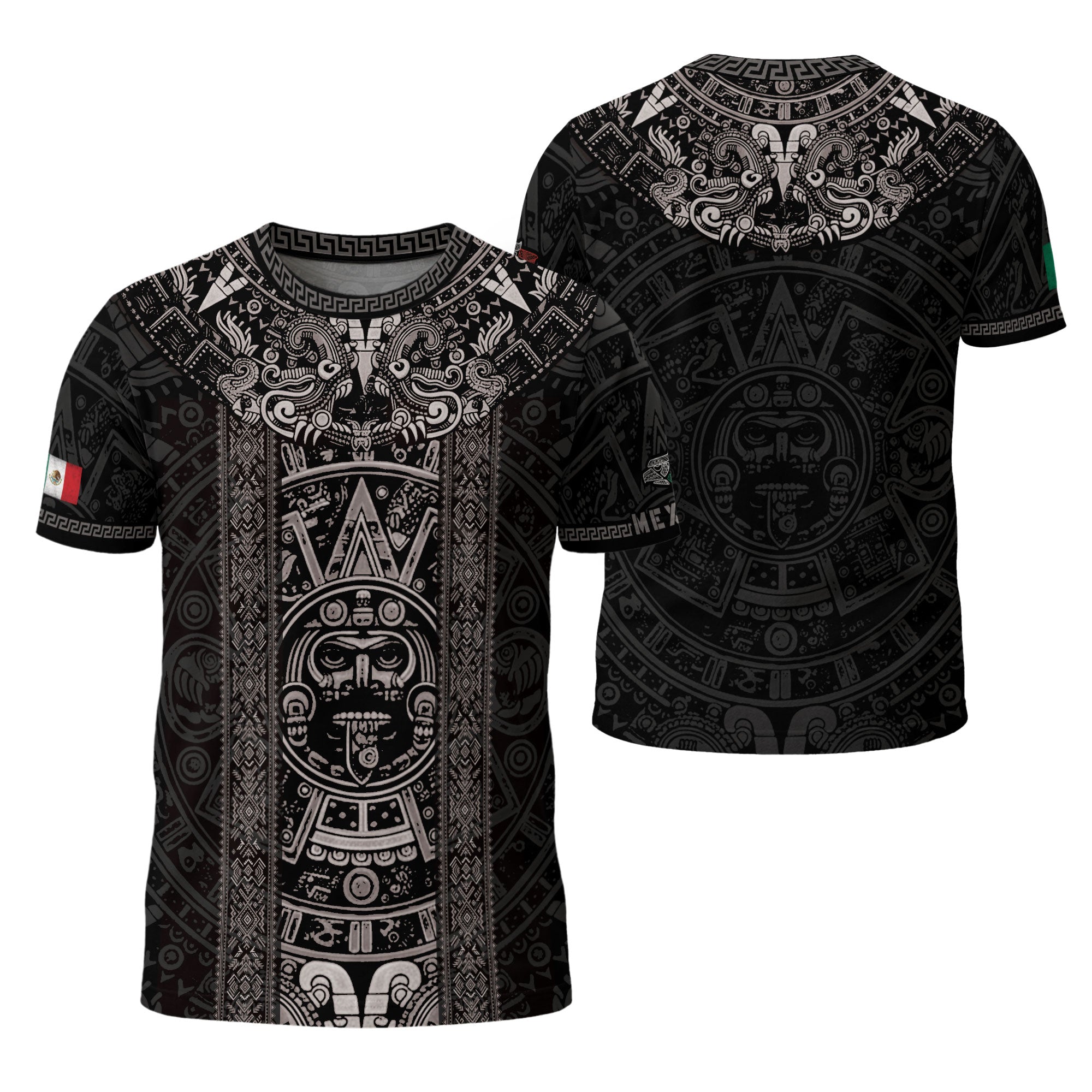Aztec Sun Stone Black Pattern Mexico Heritage Shirt