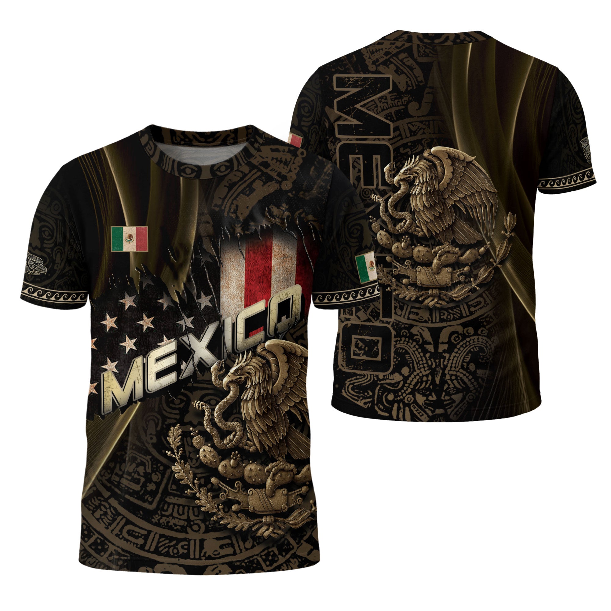 Mexico USA Flag Golden Eagle Aztec Pattern Heritage Unity Pride Power Shirt