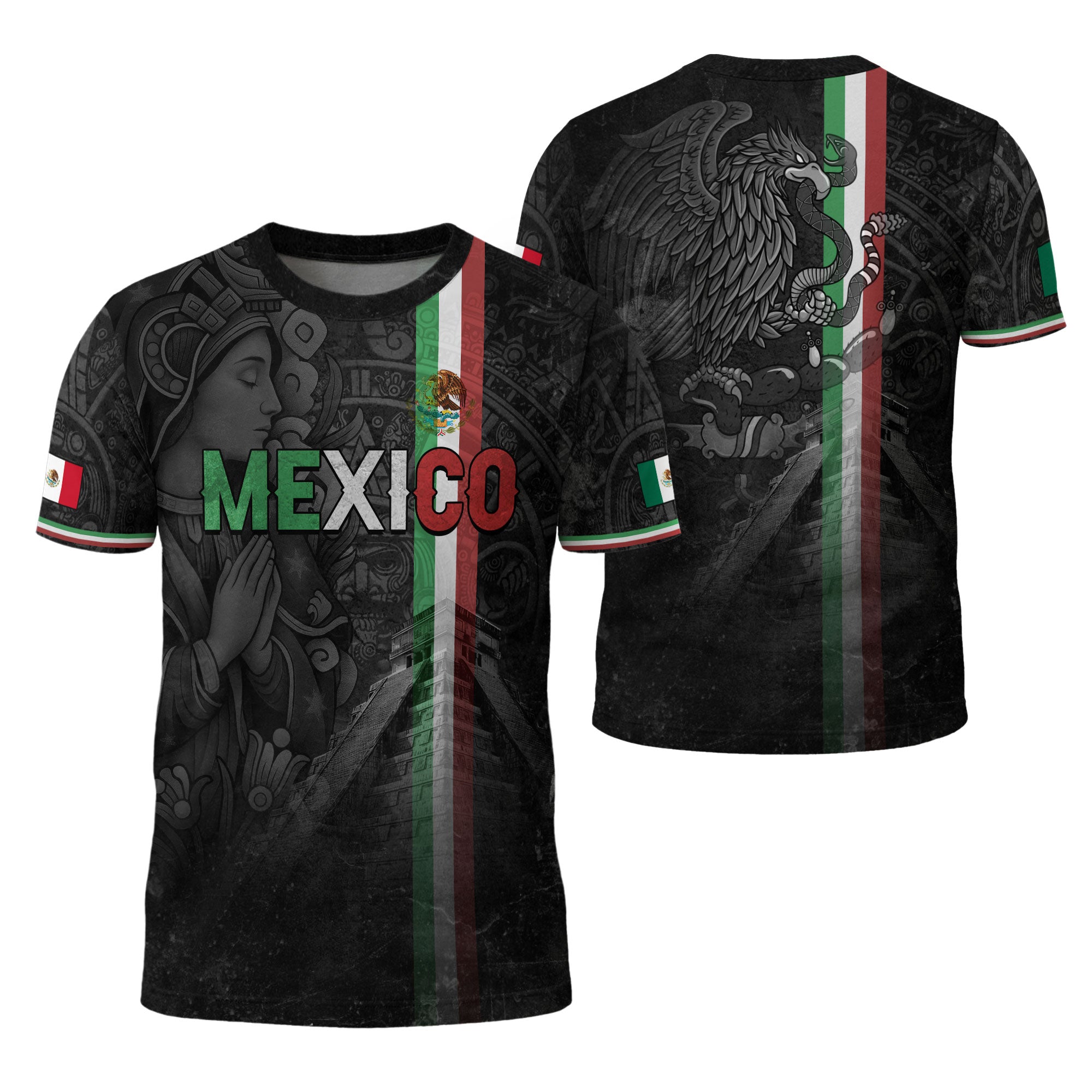 Camiseta de calle con la bandera de México, manos en oración, Guadalupe, legado azteca, orgullo