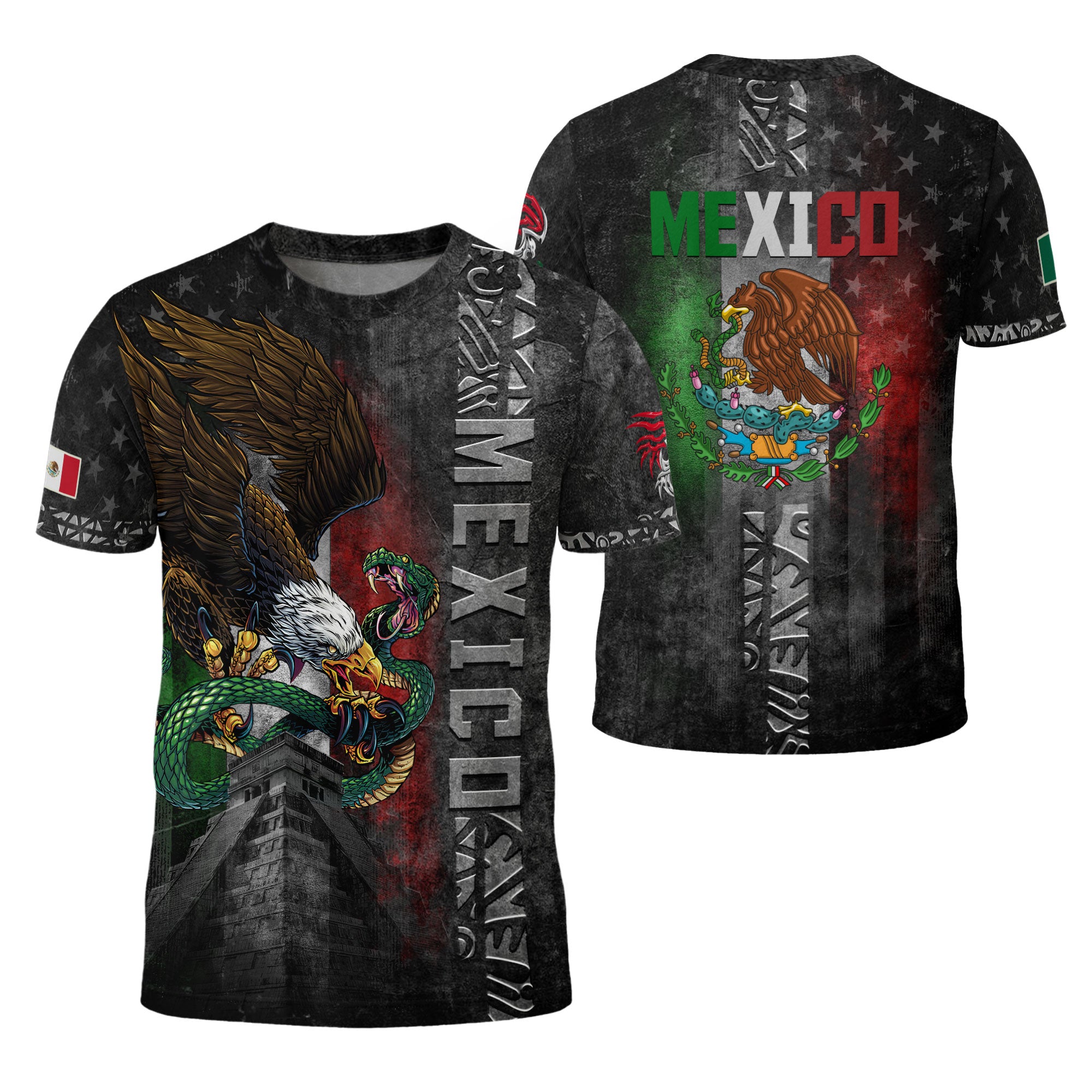 Mexico Flag Eagle Serpent Aztec Pyramid Heritage Pride Grunge Warrior Shirt