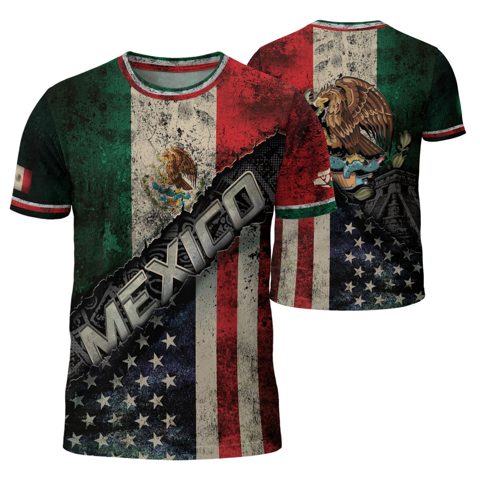Mexico USA Flag Eagle Aztec Pyramid Vintage Heritage Unity Pride Shirt