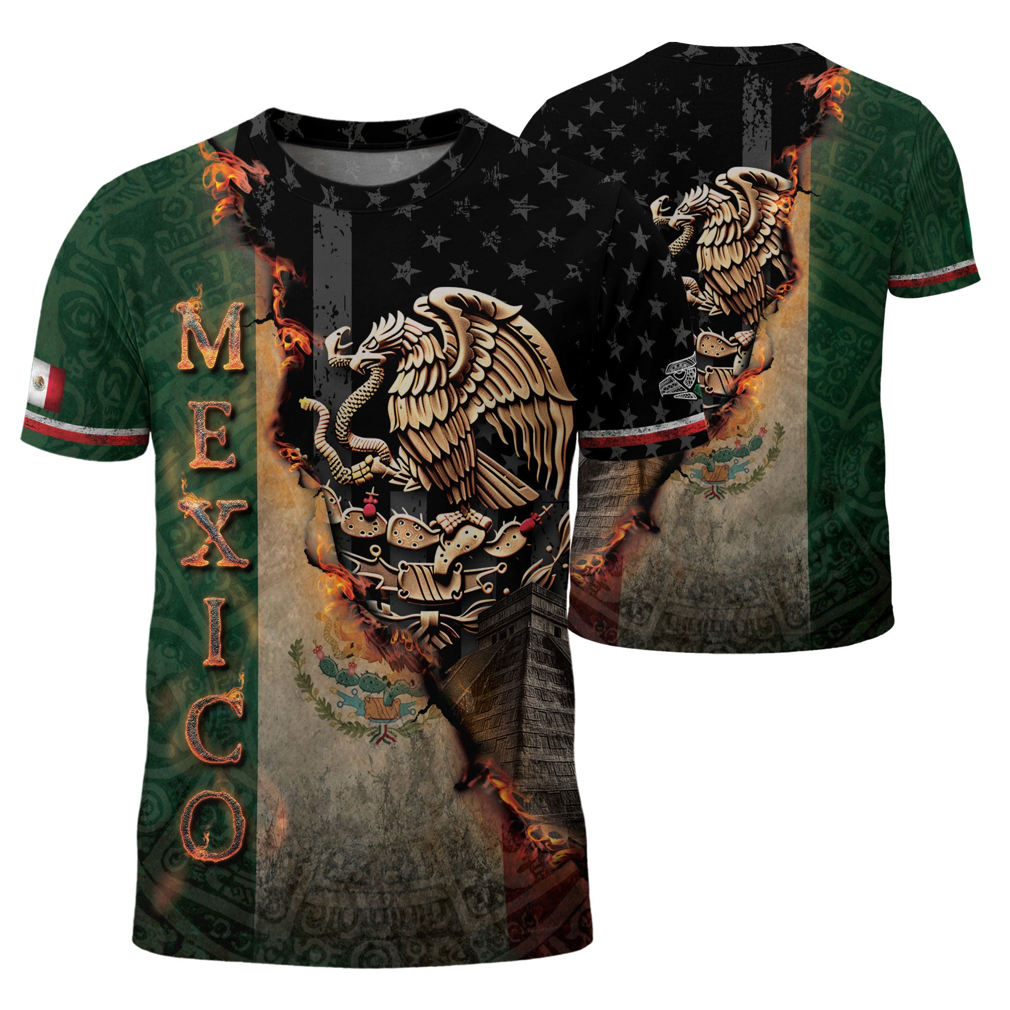 Mexico Flag Golden Eagle Fire Aztec Pyramid Heritage Power Pride Shirt