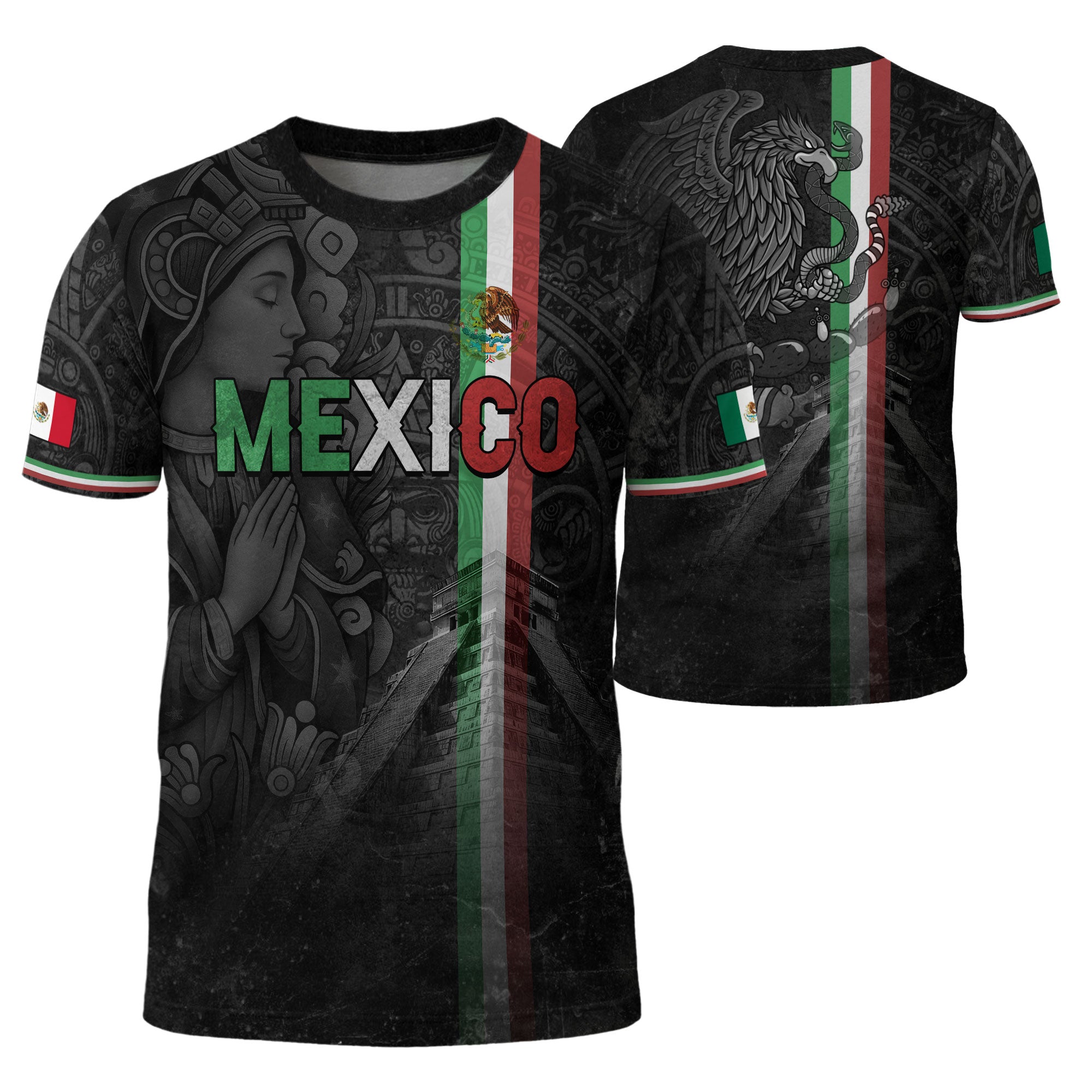 Camiseta de calle con la bandera de México, manos en oración, Guadalupe, legado azteca, orgullo