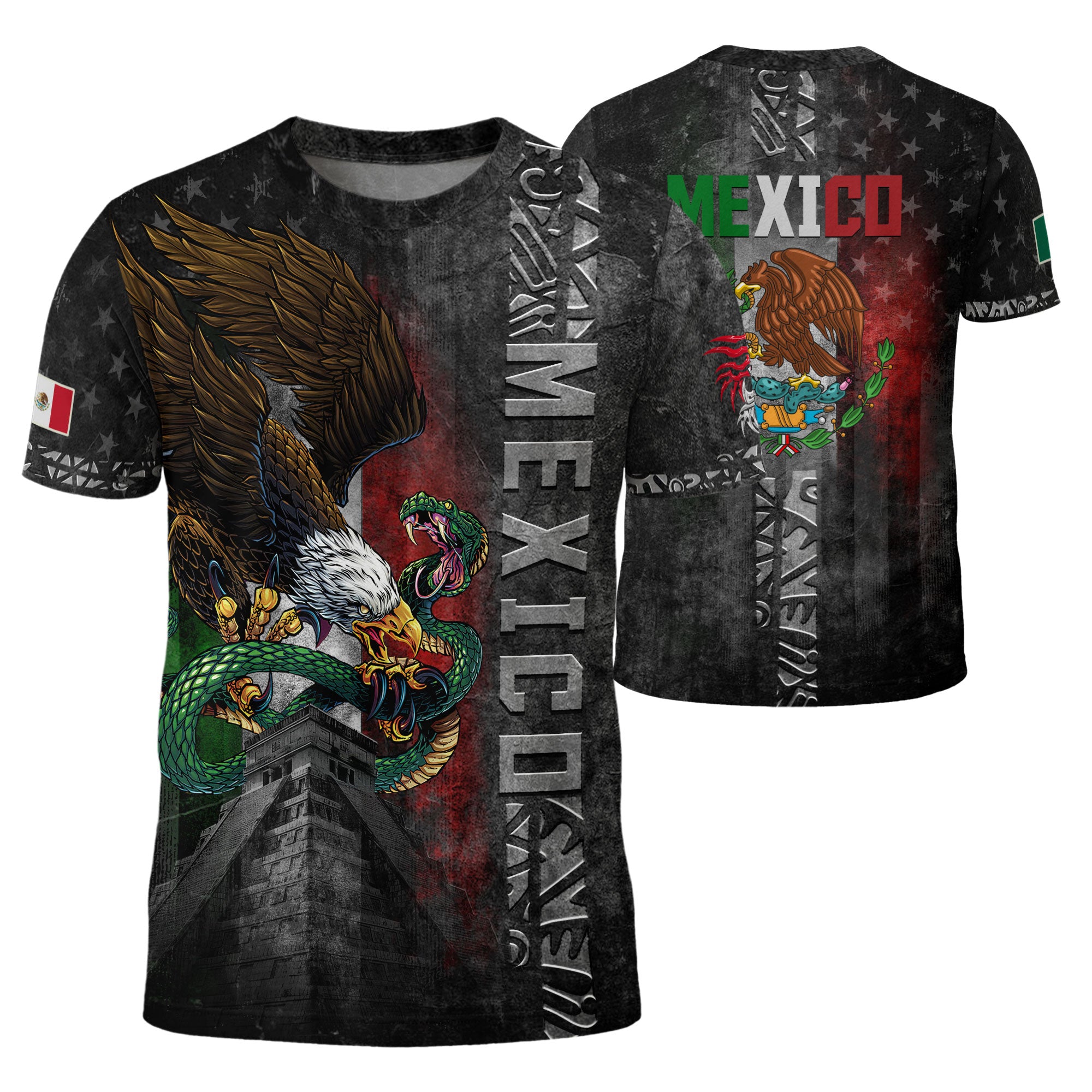 Camiseta de guerrero grunge con orgullo patrimonial, bandera de México, águila, serpiente, pirámide azteca