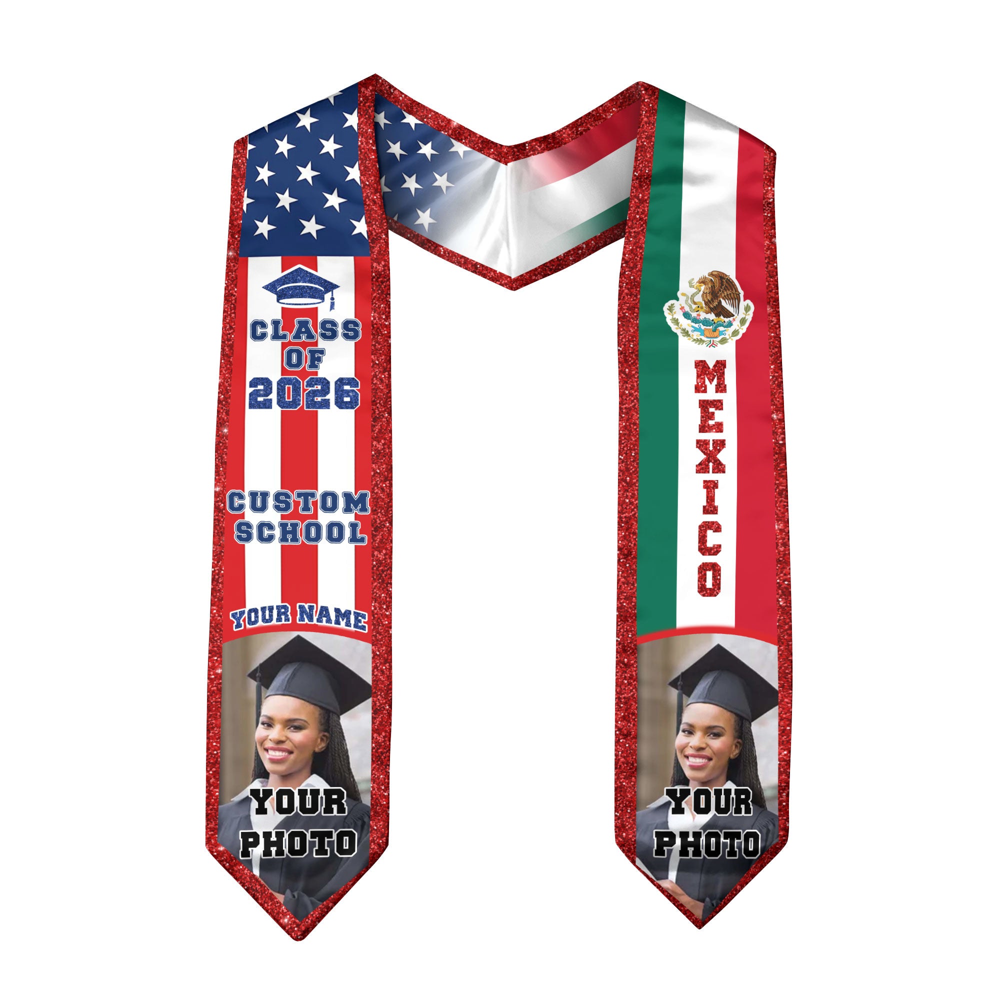 Custom Mexican Graduation Stole 2026 USA Mexico Flag Photo Class Cap School Name