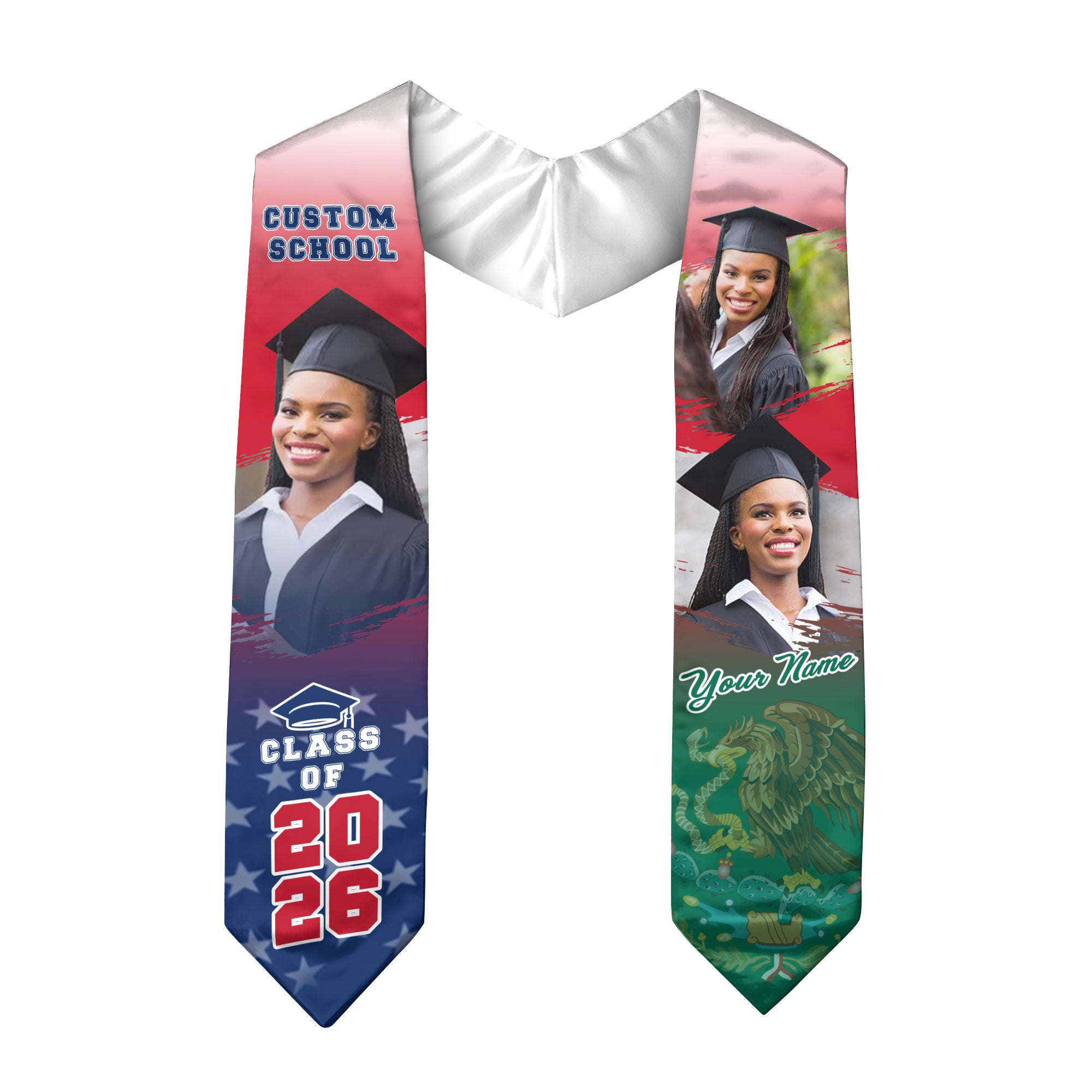 Custom Mexican Graduation Stole 2026 Mexico USA Flag Photo Graduation Sash