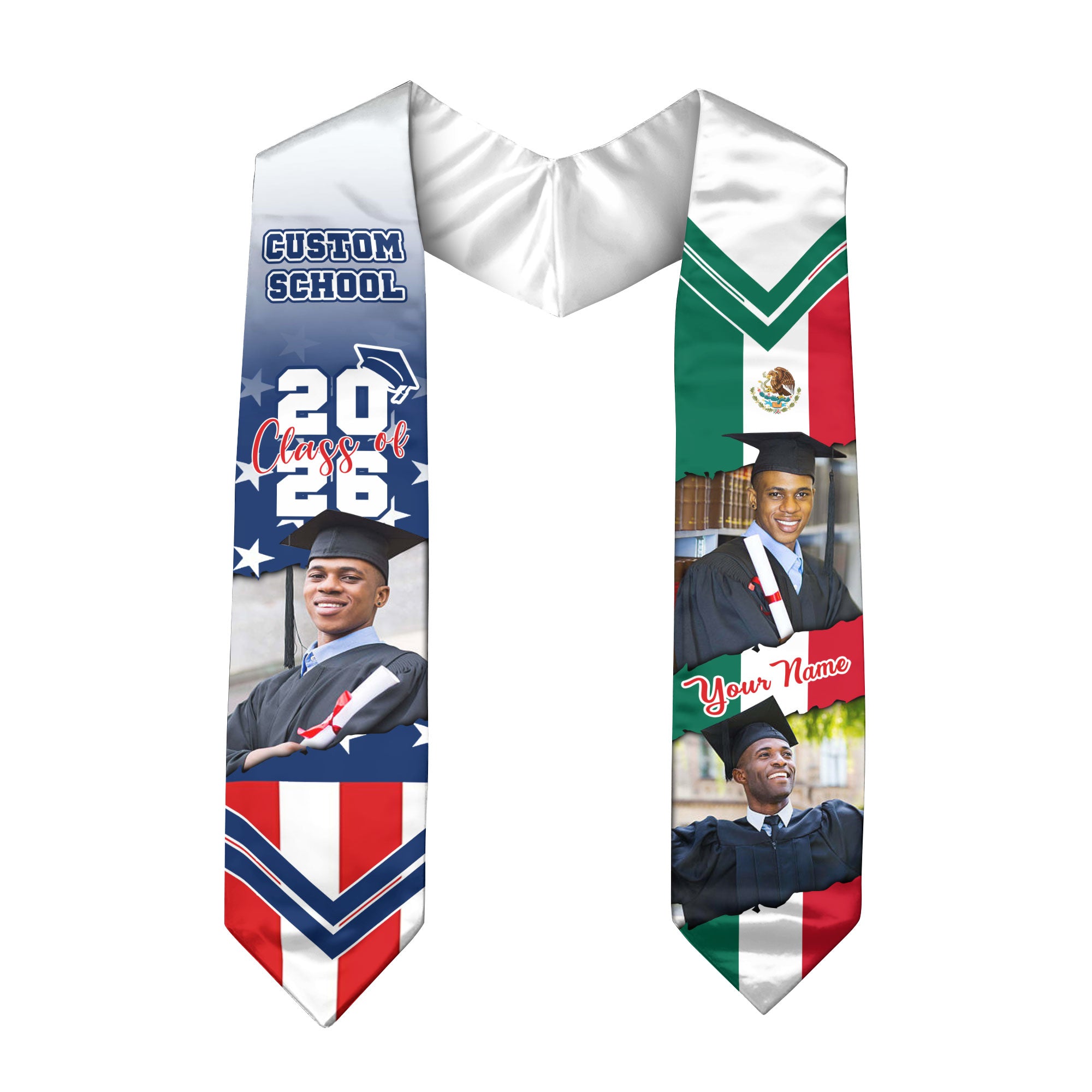 Custom Mexican Graduation Stole 2026 USA Flag Mexico Flag Photo Class School