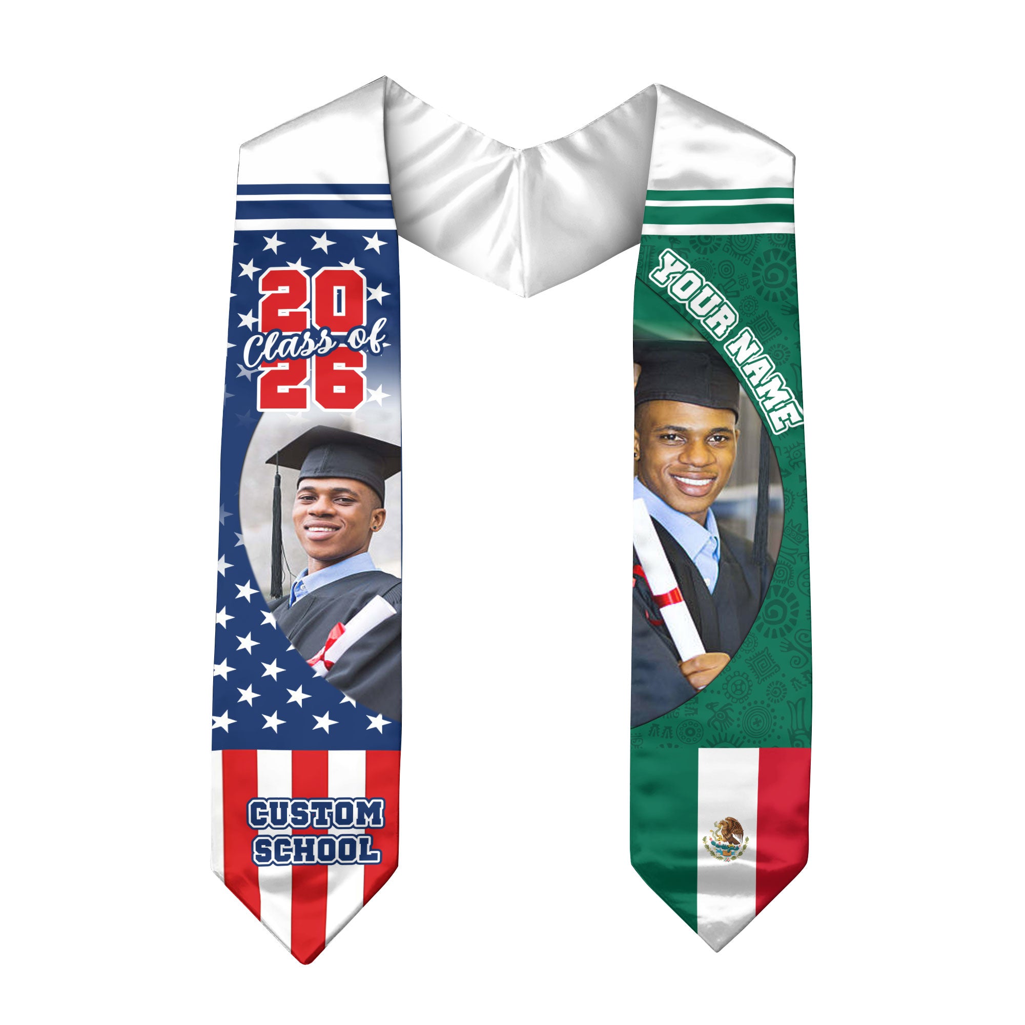 Custom Mexican Graduation Stole 2026 Mexico Flag USA Stars Photo Name School